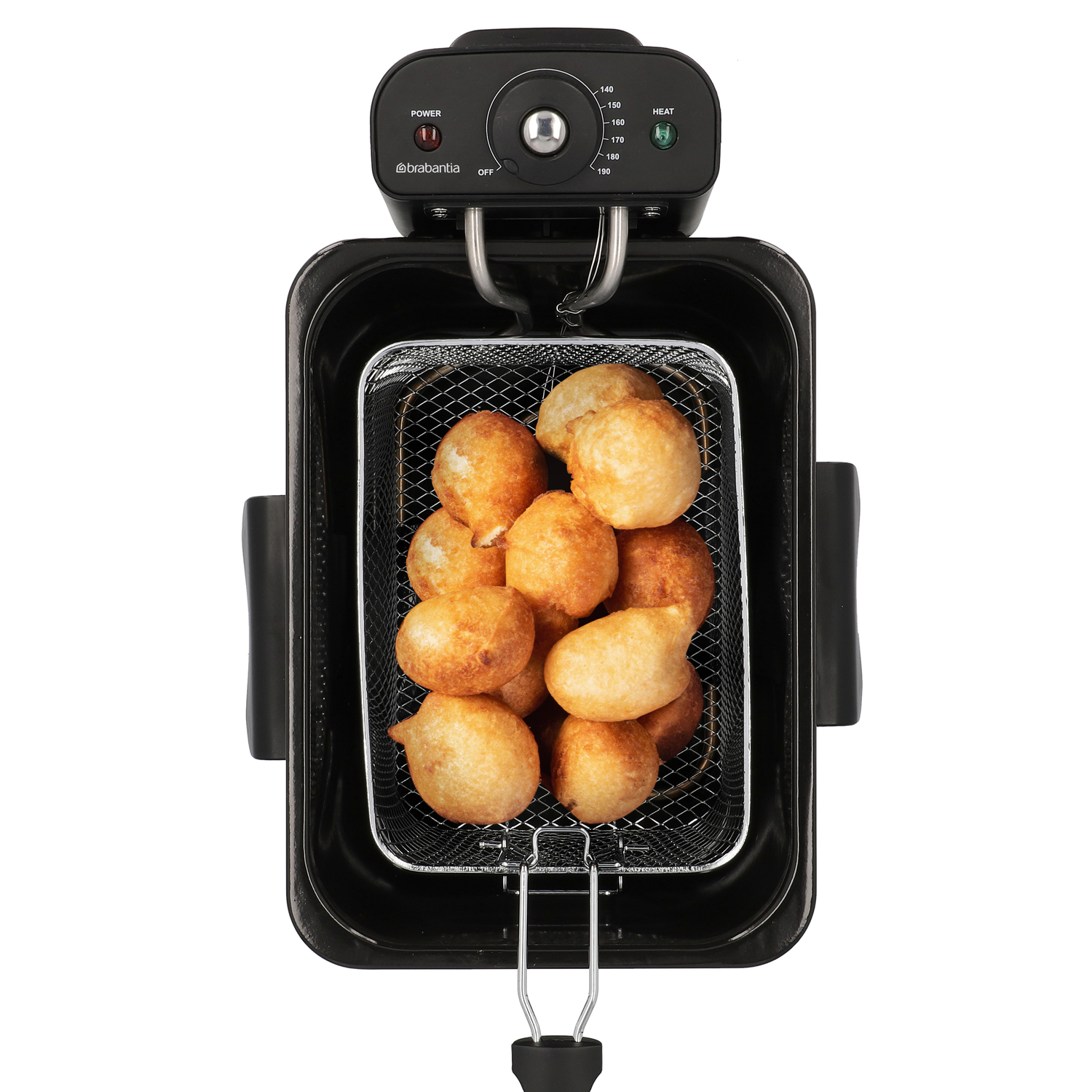 A deep fryer with golden fried food inside the basket. The fryer is black with a control panel on top.