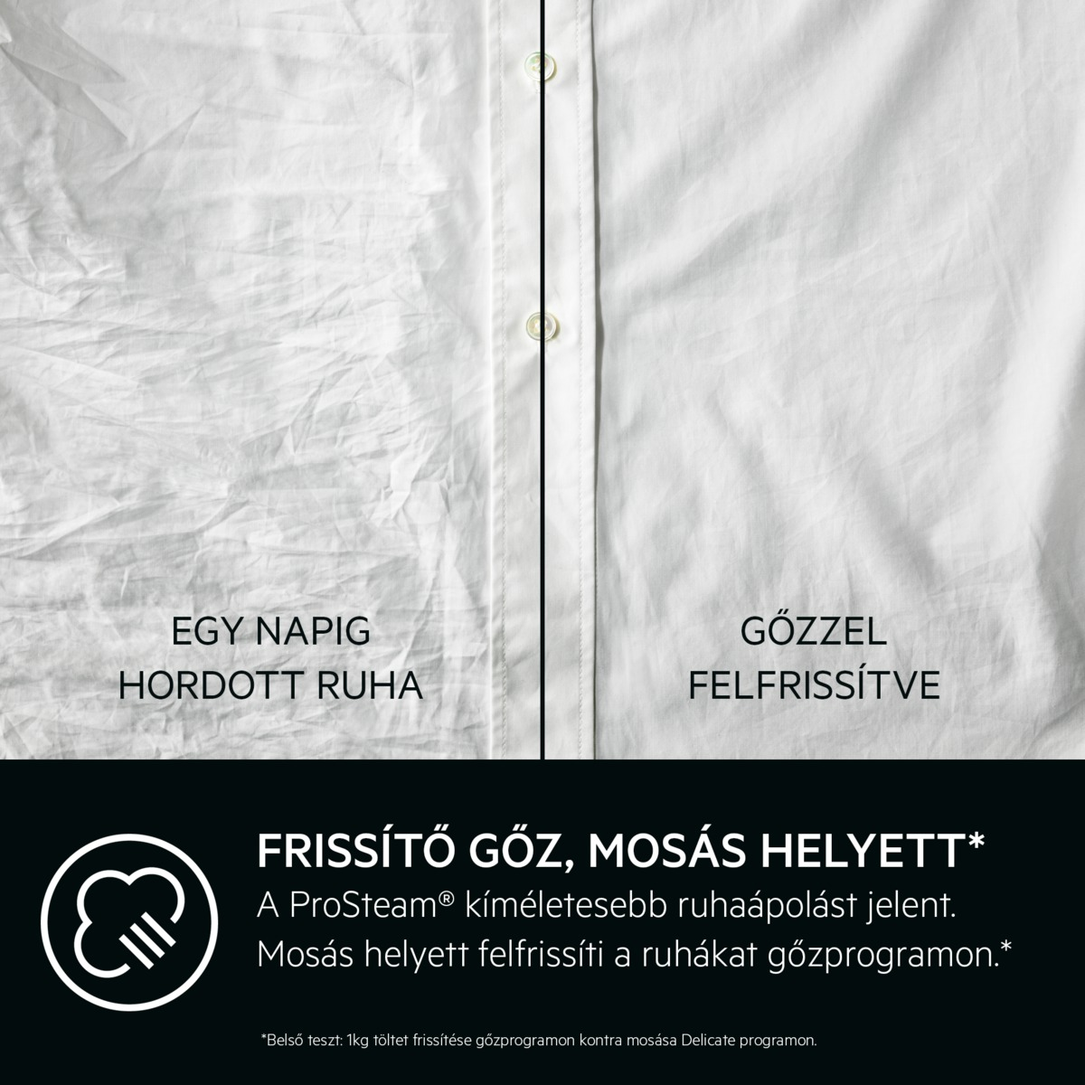 A képen egy gyűrött fehér ing látható balra, és egy sima fehér ing jobbra, gőzzel történő frissítésről szóló szöveggel.
