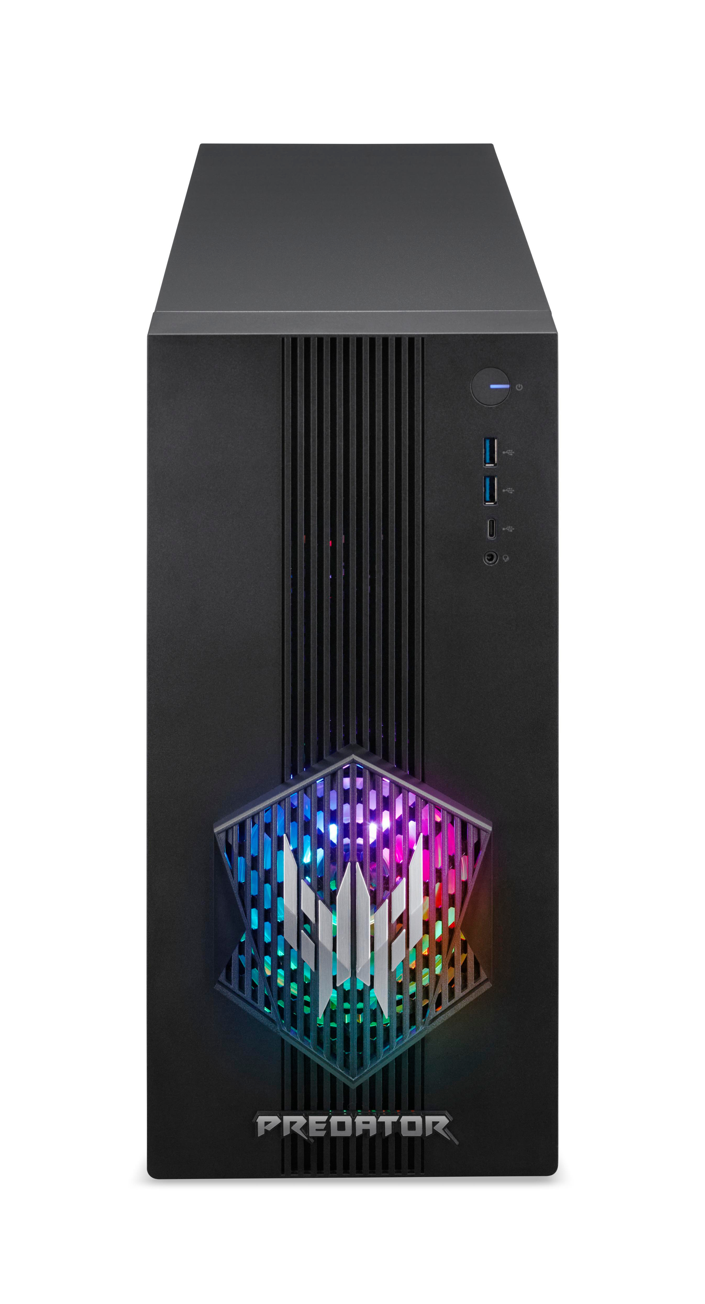 Schwarzer Predator-PC. Er hat ein Logo mit RGB-Lichtern. Die Vorderseite hat einen Power-Knopf und USB-Anschlüsse. Der Hintergrund ist weiß.