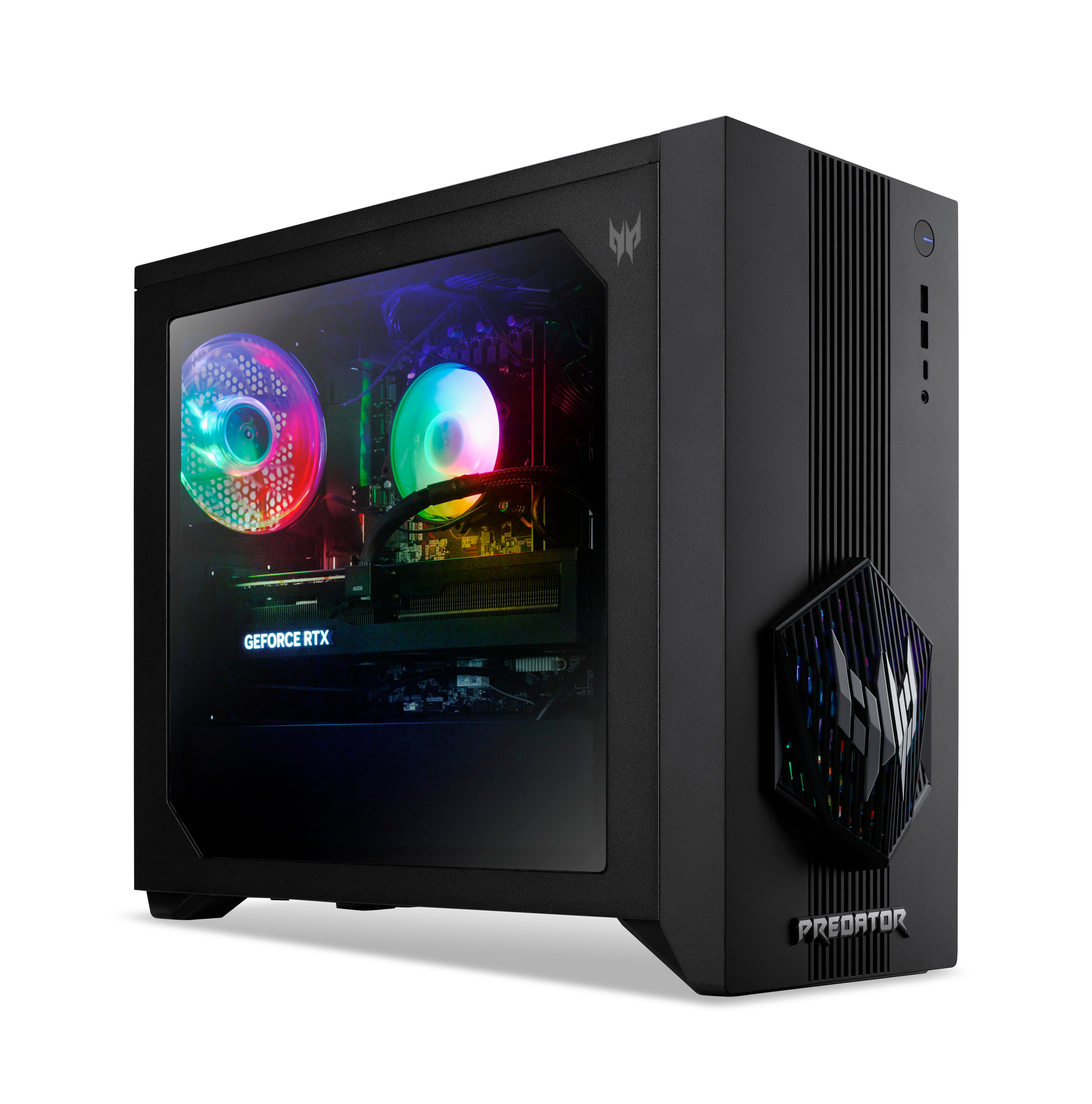 Schwarzes Predator PC-Gehäuse mit Glas-Seitenwand. Innen sind Lüfter und Komponenten mit RGB beleuchtet.