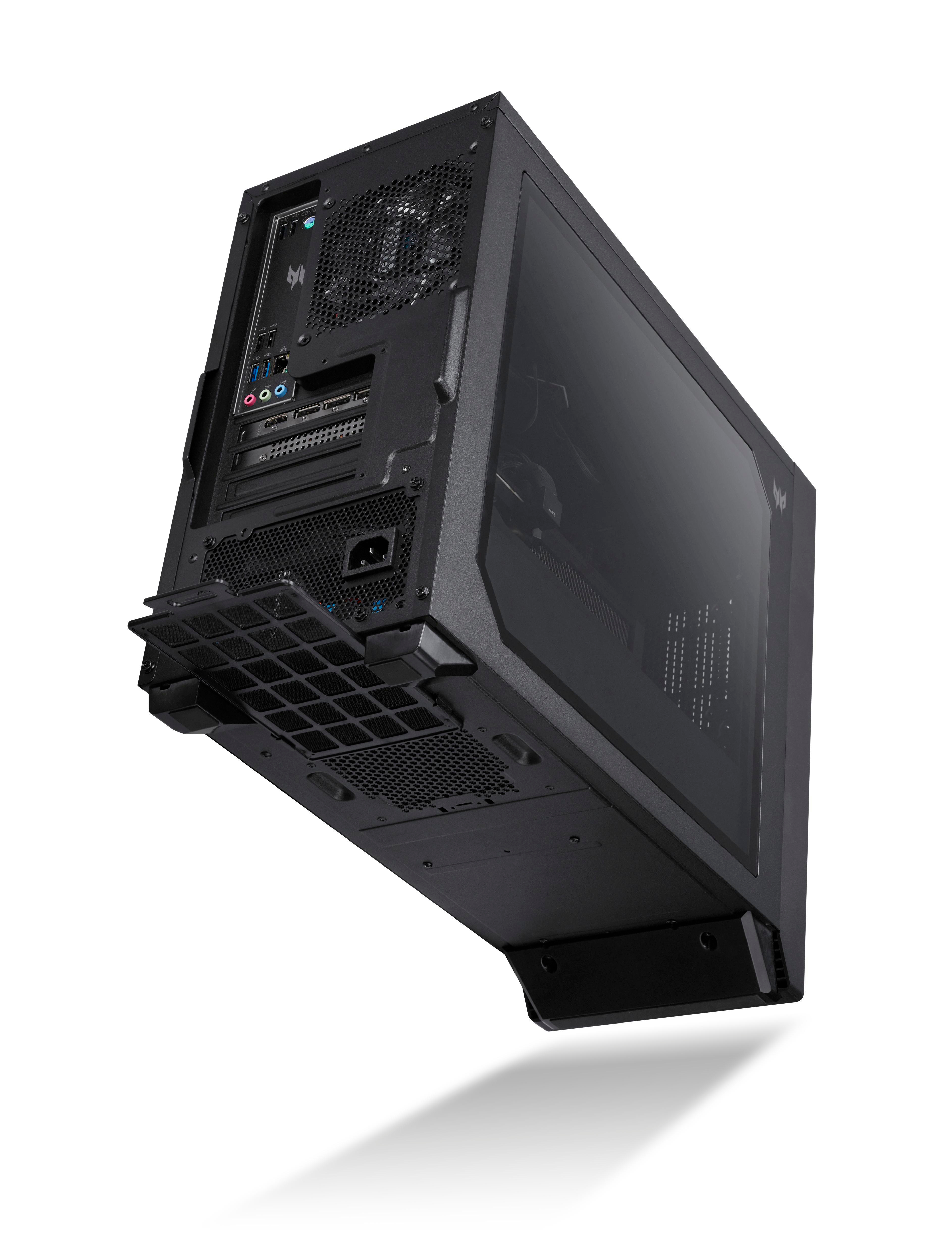 Schwarzes PC-Gehäuse, geneigt, mit transparentem Seitenteil, das die Komponenten zeigt. Schatten sind sichtbar.
