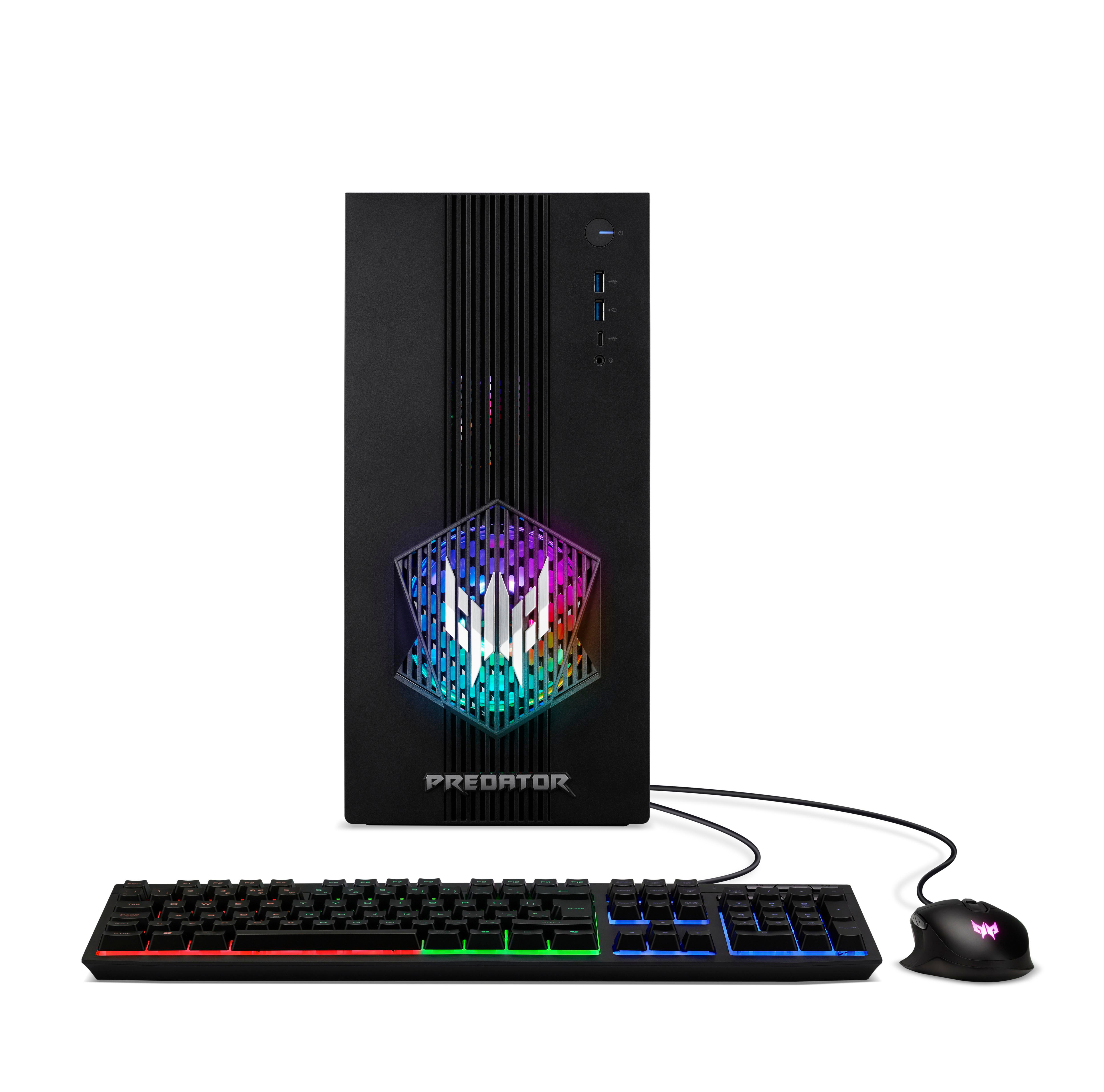 Schwarzer Predator-PC mit Tastatur und Maus. PC hat leuchtendes Logo. Tastatur und Maus haben bunte Lichter.