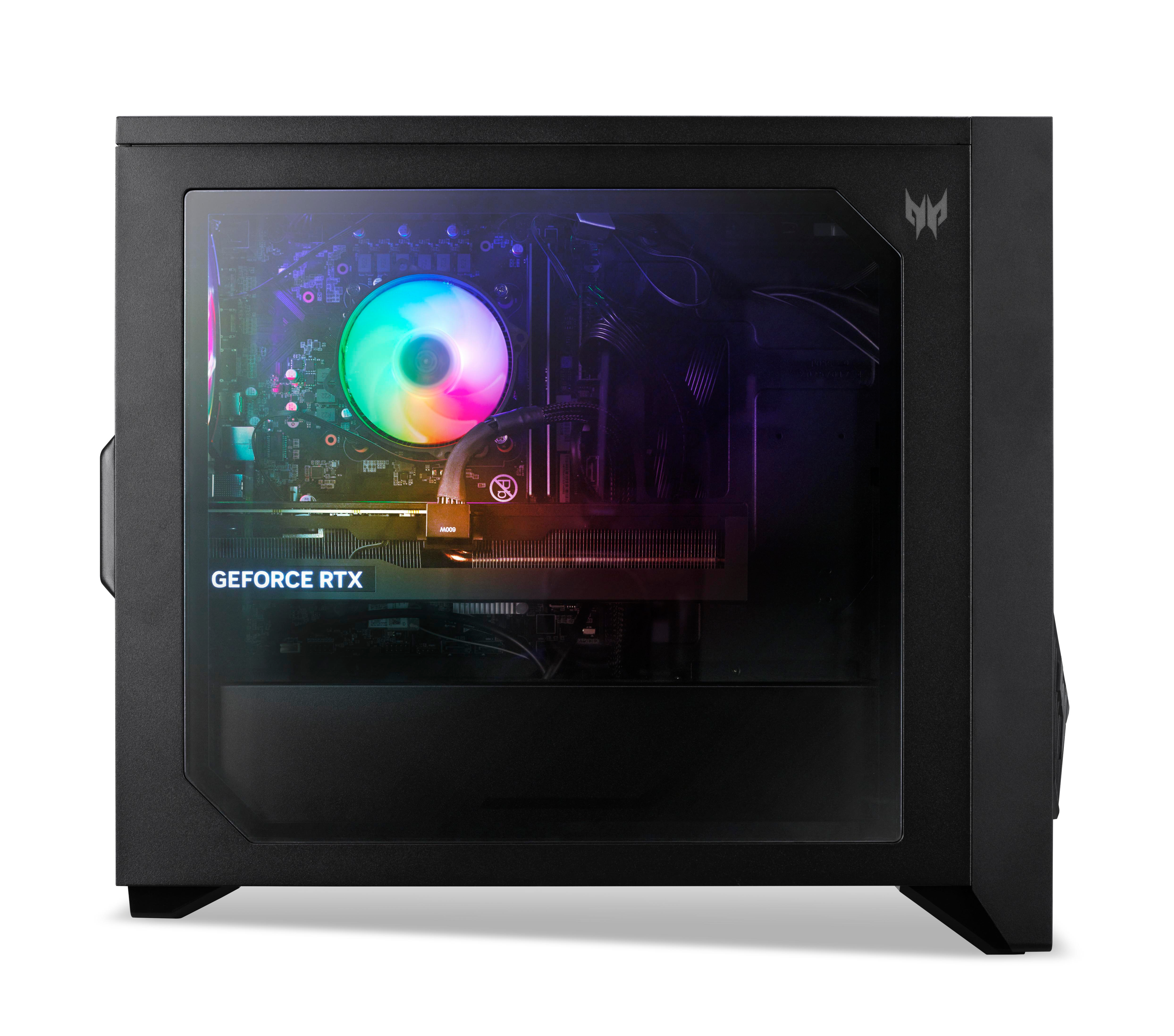 Schwarzes Computergehäuse mit Glasplatte. Innen sind ein farbenfroher Lüfter, Komponenten und eine GeForce RTX-Karte zu sehen.