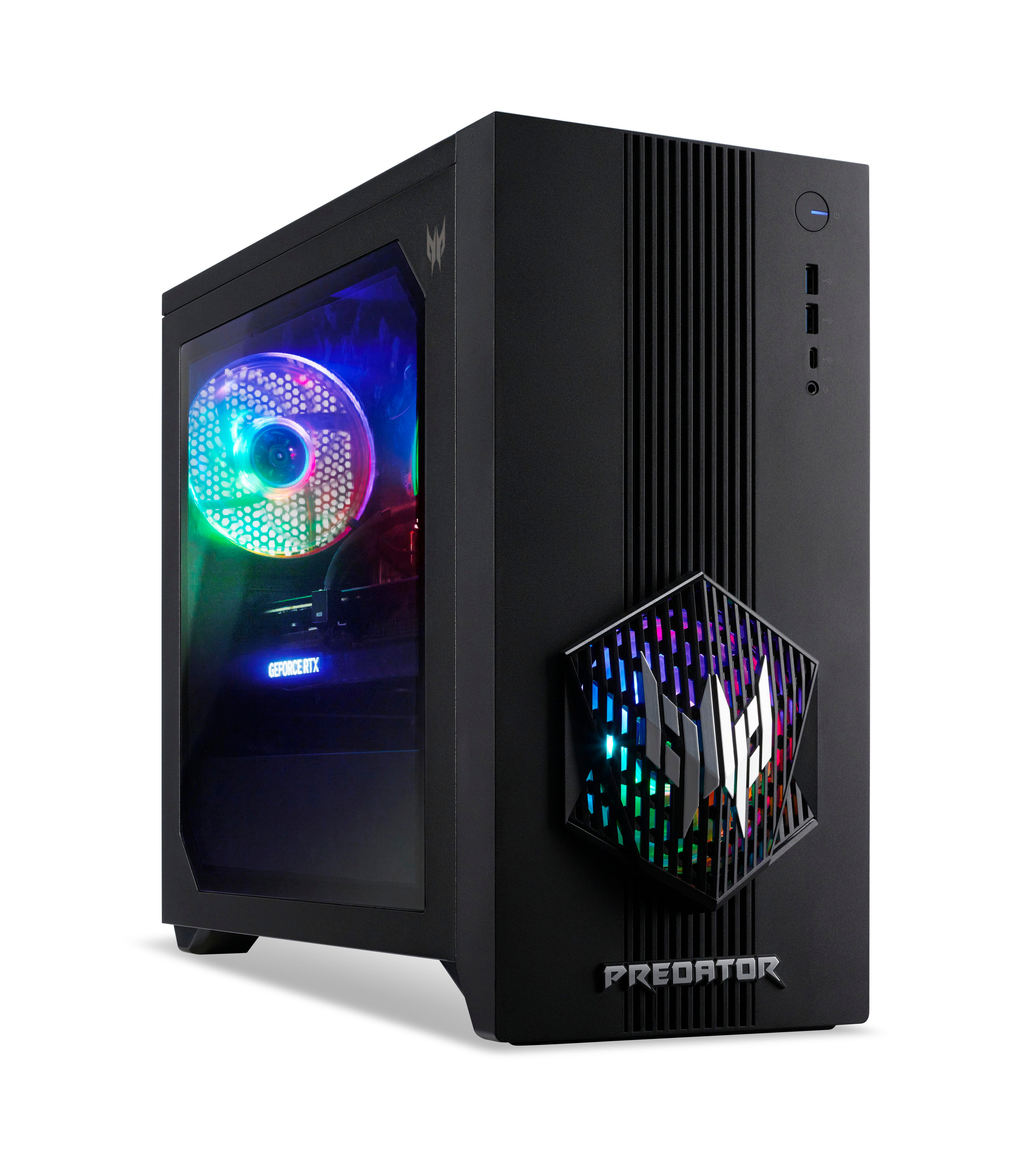 Schwarzer Predator-Gaming-PC. Er hat eine Glasplatte, die interne Komponenten mit farbigen Lichtern und einem Frontlogo zeigt.