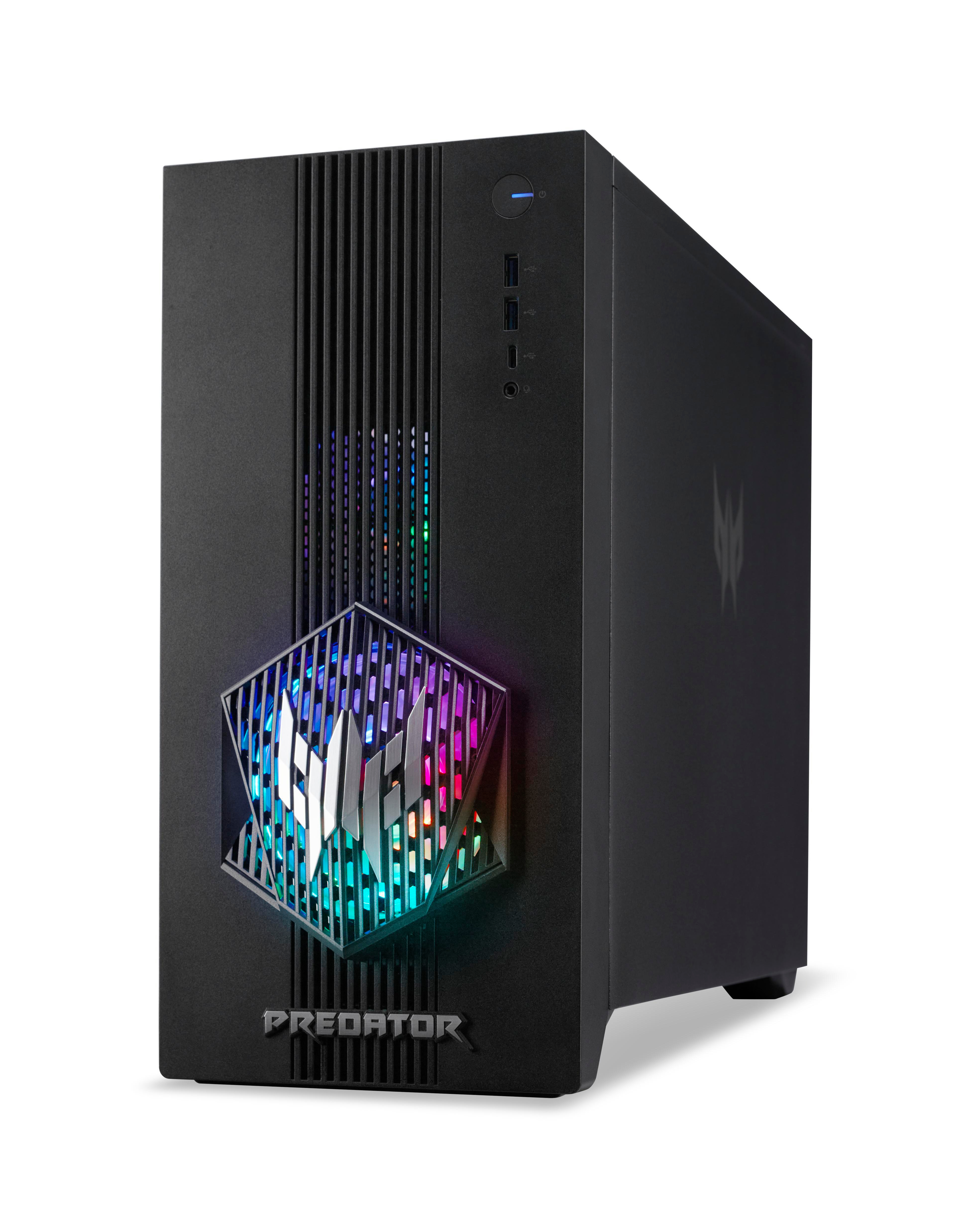 Schwarzer Predator-Gaming-PC. Die Vorderseite hat ein Logo mit bunten Lichtern. Anschlüsse und Power-Taste sind sichtbar.