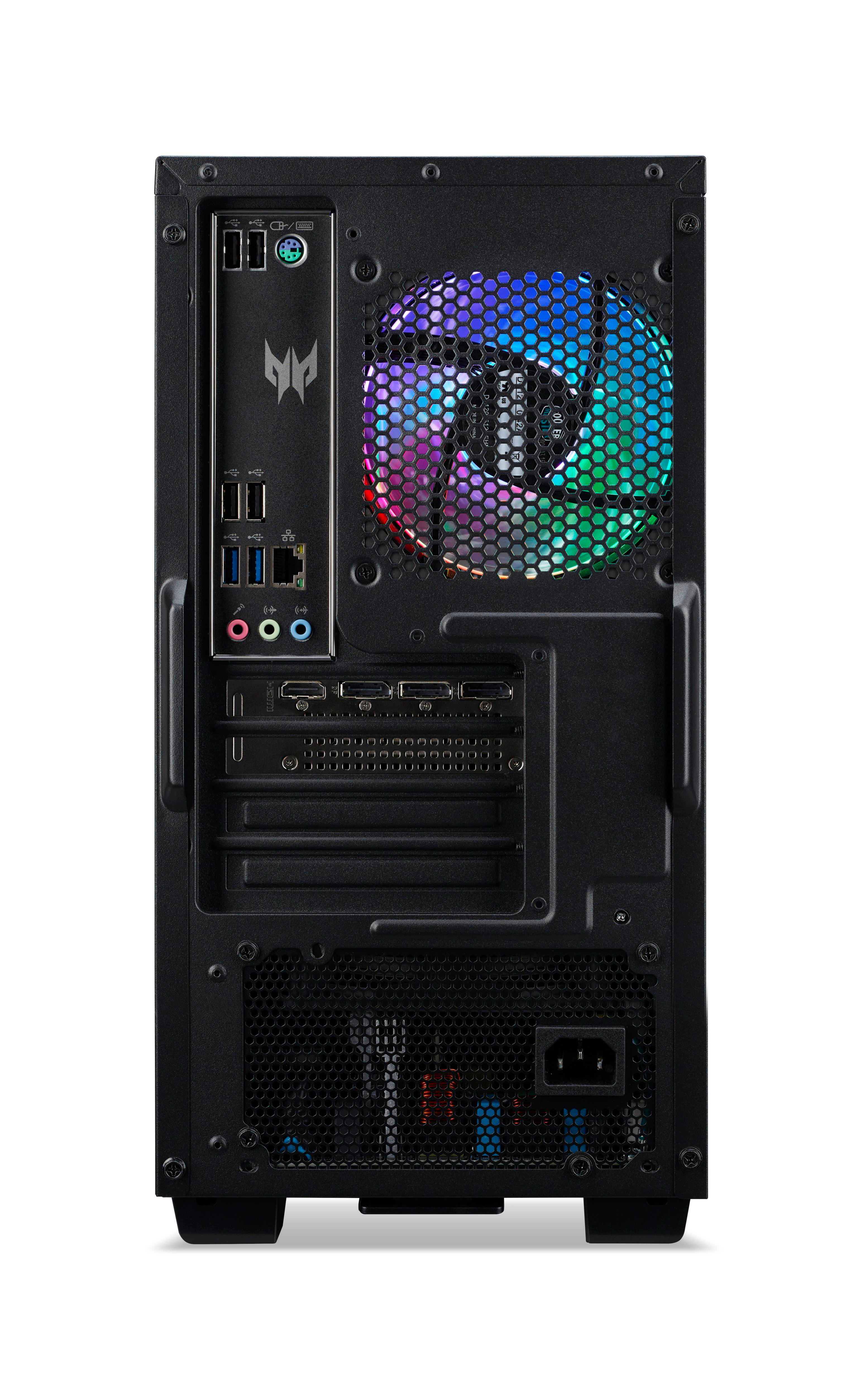 Schwarzes Computergehäuse mit verschiedenen Anschlüssen, einem Lüfter mit bunten Lichtern und dem Predator-Logo.