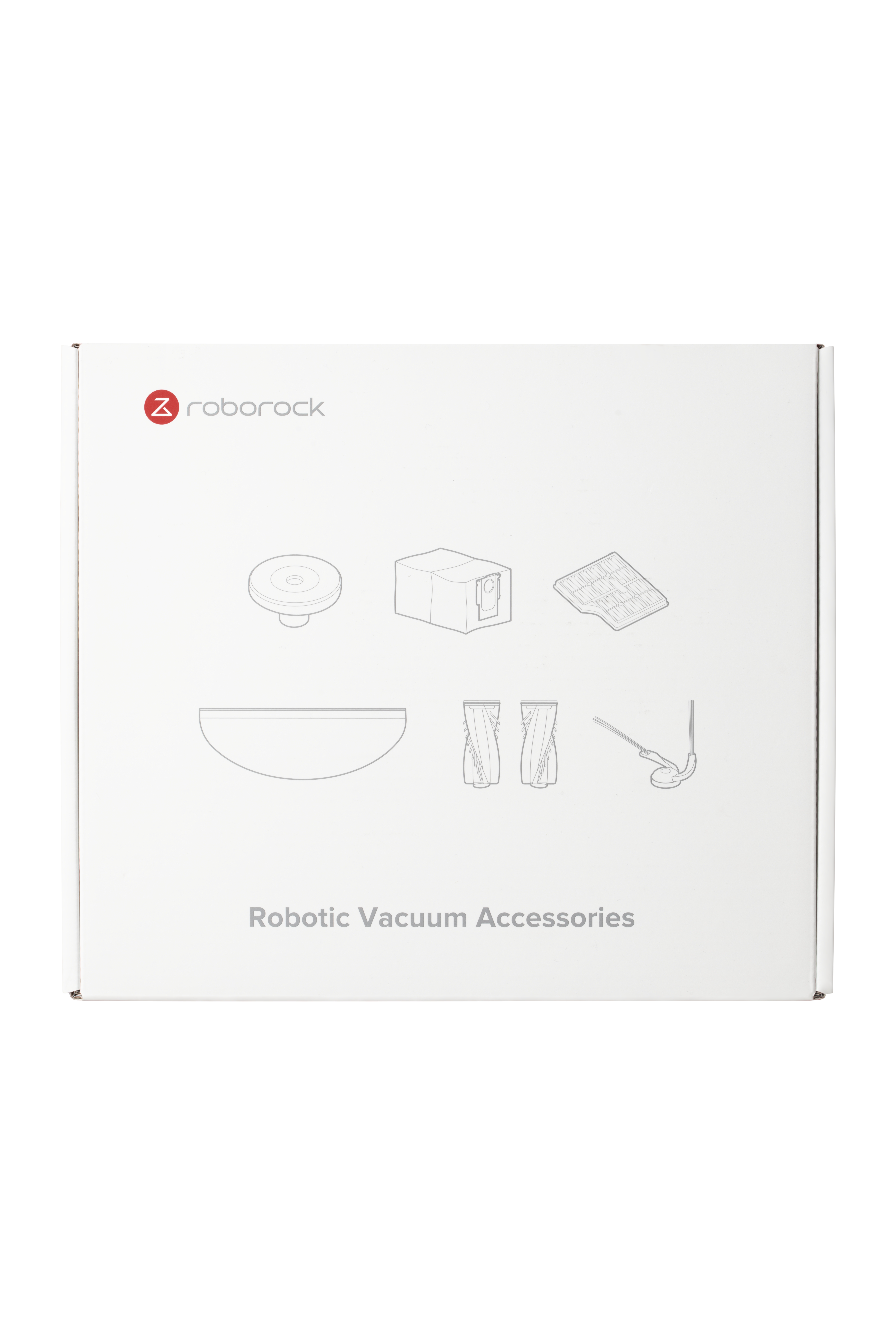 Eine weiße Schachtel mit dem Roborock-Logo und Strichzeichnungen von Staubsaugerzubehör.