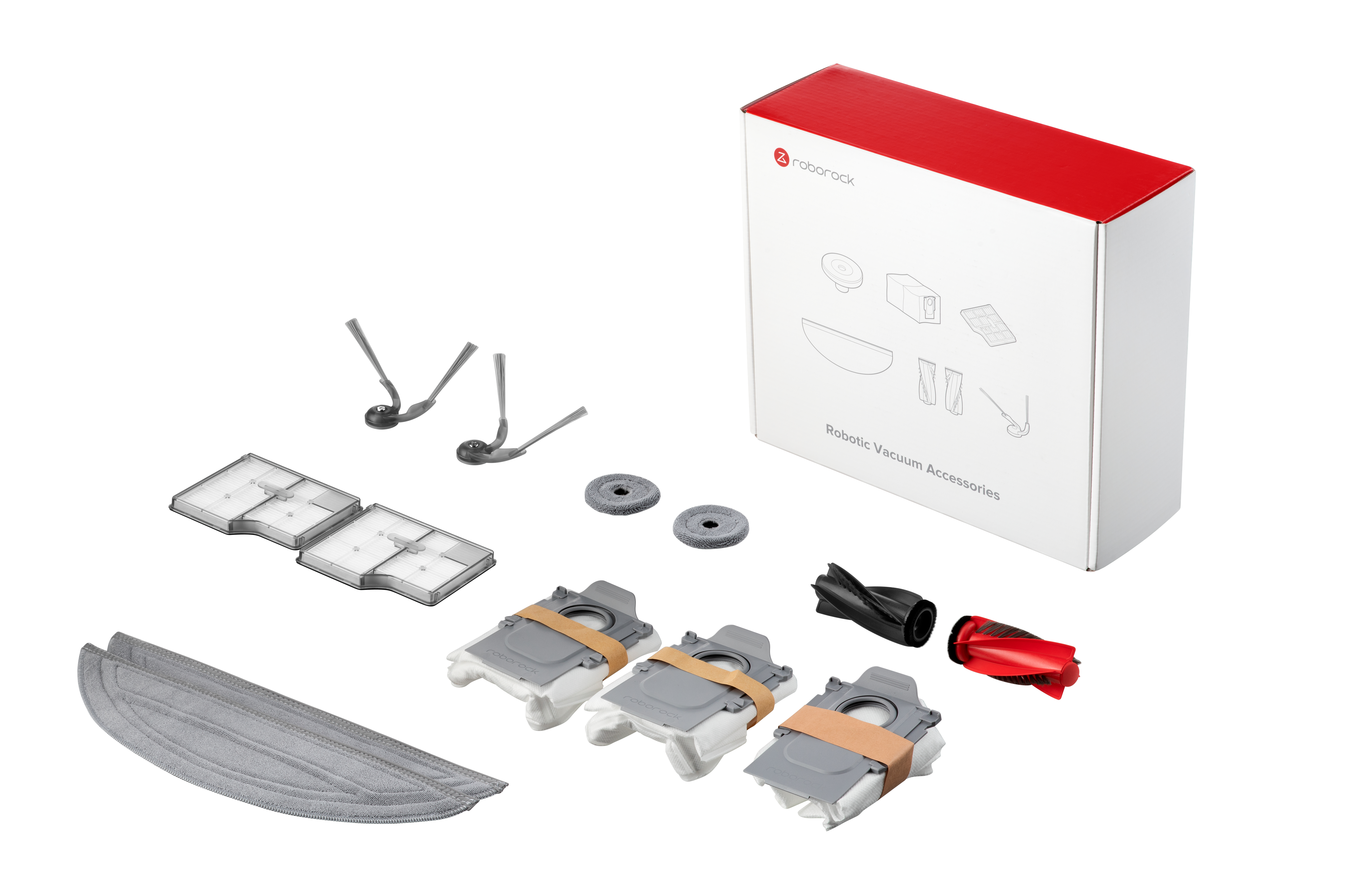 Roborock Staubsauger-Zubehör-Kit mit Filtern, Bürsten, Reinigungspads und Staubbeuteln. Weiße Box mit roter Oberseite.