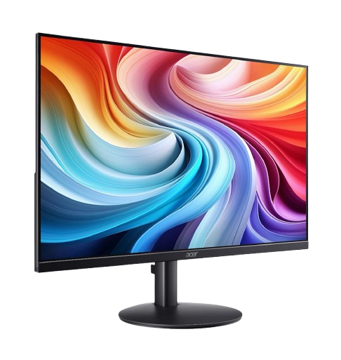 Un monitor Acer negro muestra un patrón de remolino abstracto y colorido. El monitor está sobre un soporte negro contra un fondo negro.