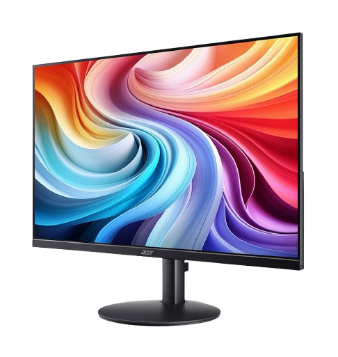 Un monitor Acer muestra un patrón abstracto colorido. Tiene un soporte negro, un marco negro y una base negra.