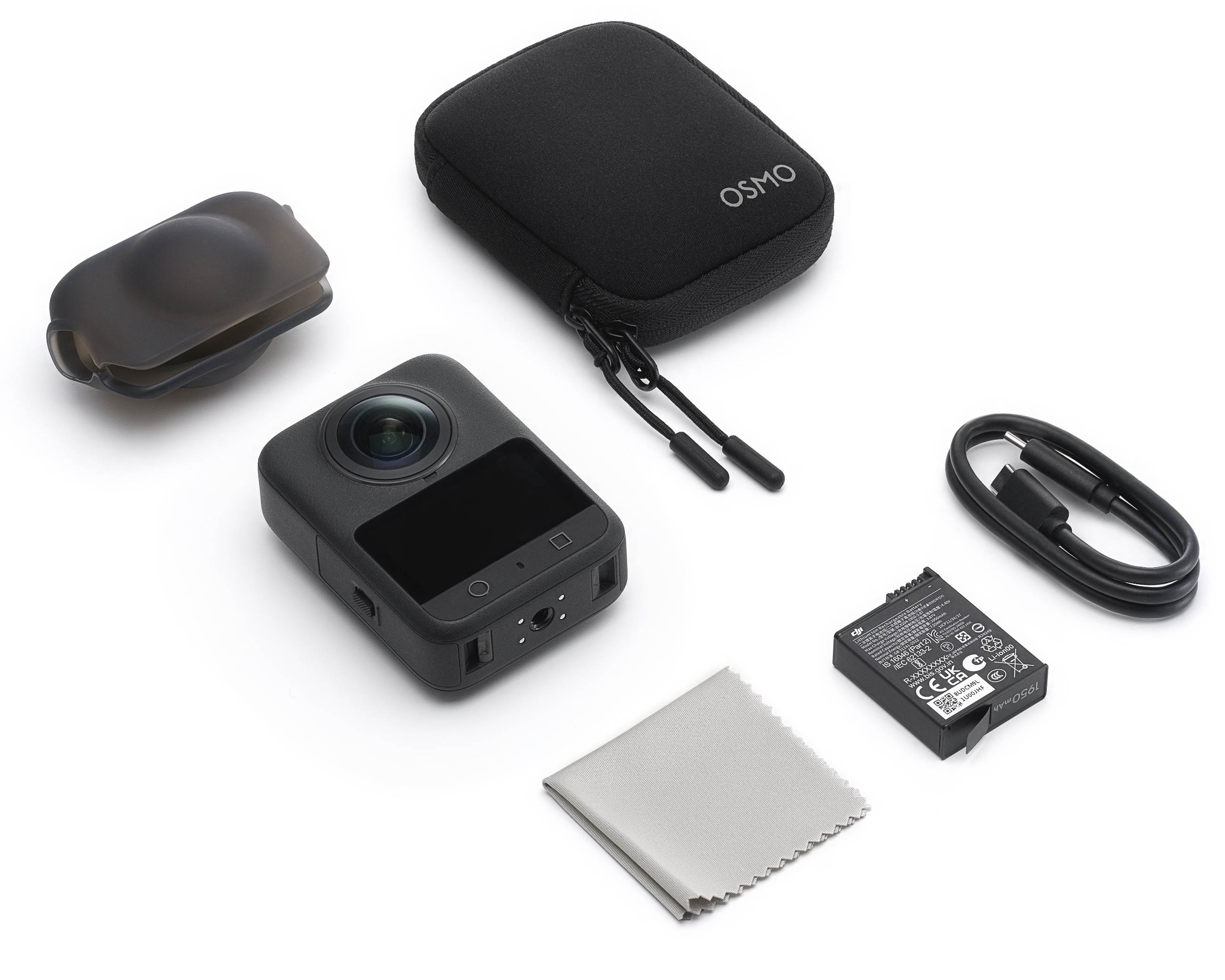 Zestaw aparatu z aparatem, etui, baterią, kablem, ściereczką do czyszczenia i osłoną obiektywu, wszystko czarne na białym tle.