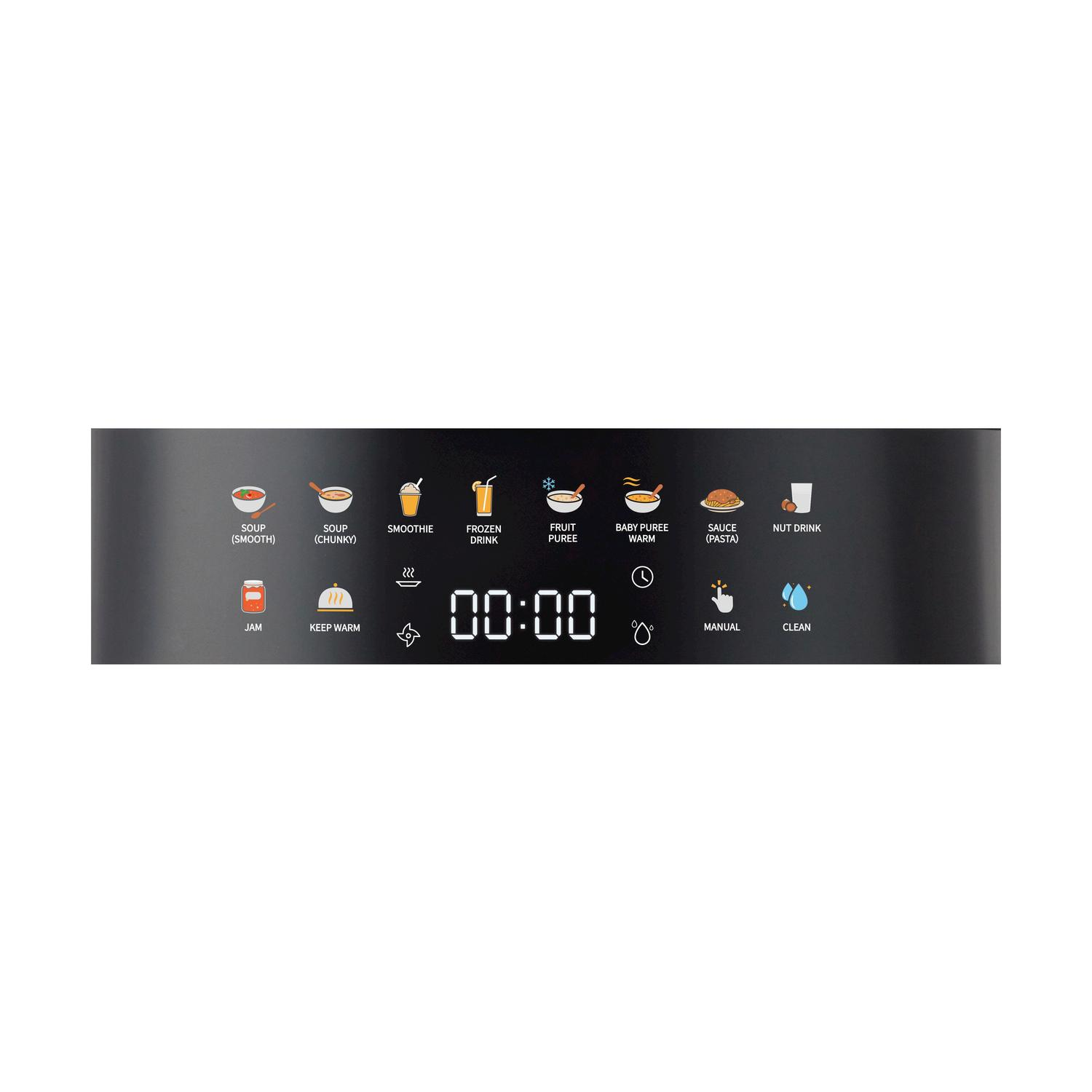 Pannello di controllo nero con icone per varie preparazioni alimentari, tra cui zuppa, frullato e marmellata. Un orologio digitale mostra 00:00.
