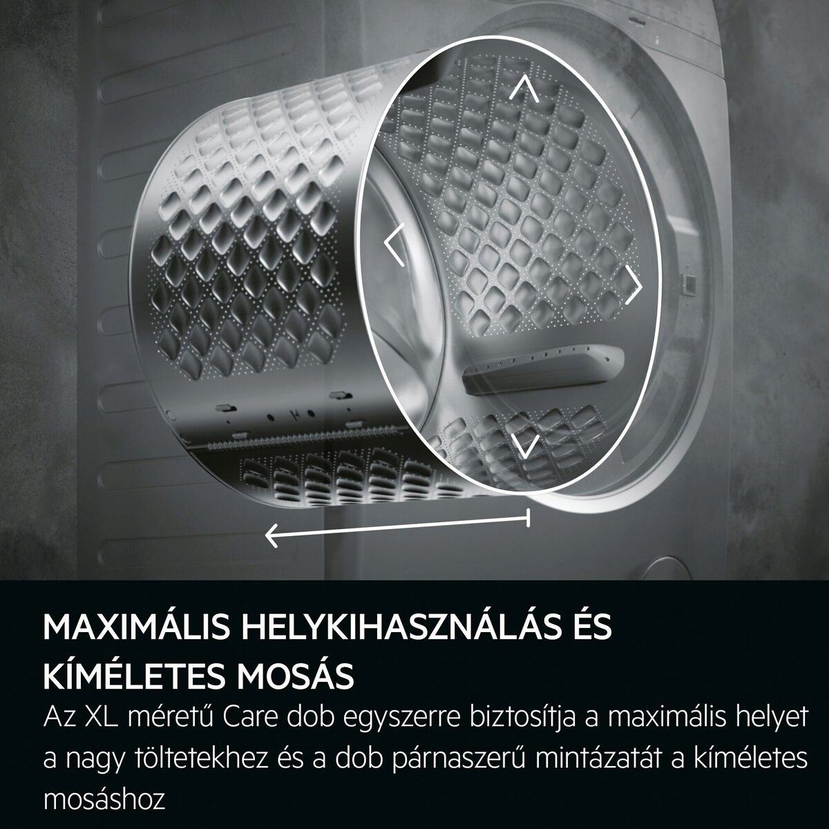 Egy mosógép dobjának közeli képe, részletes mintával, fehér körvonallal és nyilakkal kiemelve, alatta szöveggel.