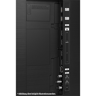 Schwarze TV-Rückwand mit verschiedenen Anschlüssen, darunter HDMI, USB und LAN, beschriftet mit weißem Text.