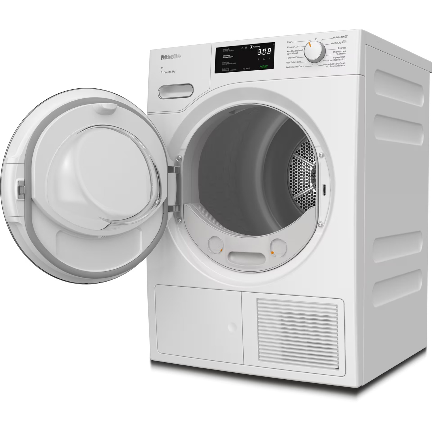 A white Miele dryer with the door open. The digital display shows 3:08. The control panel has various program options.