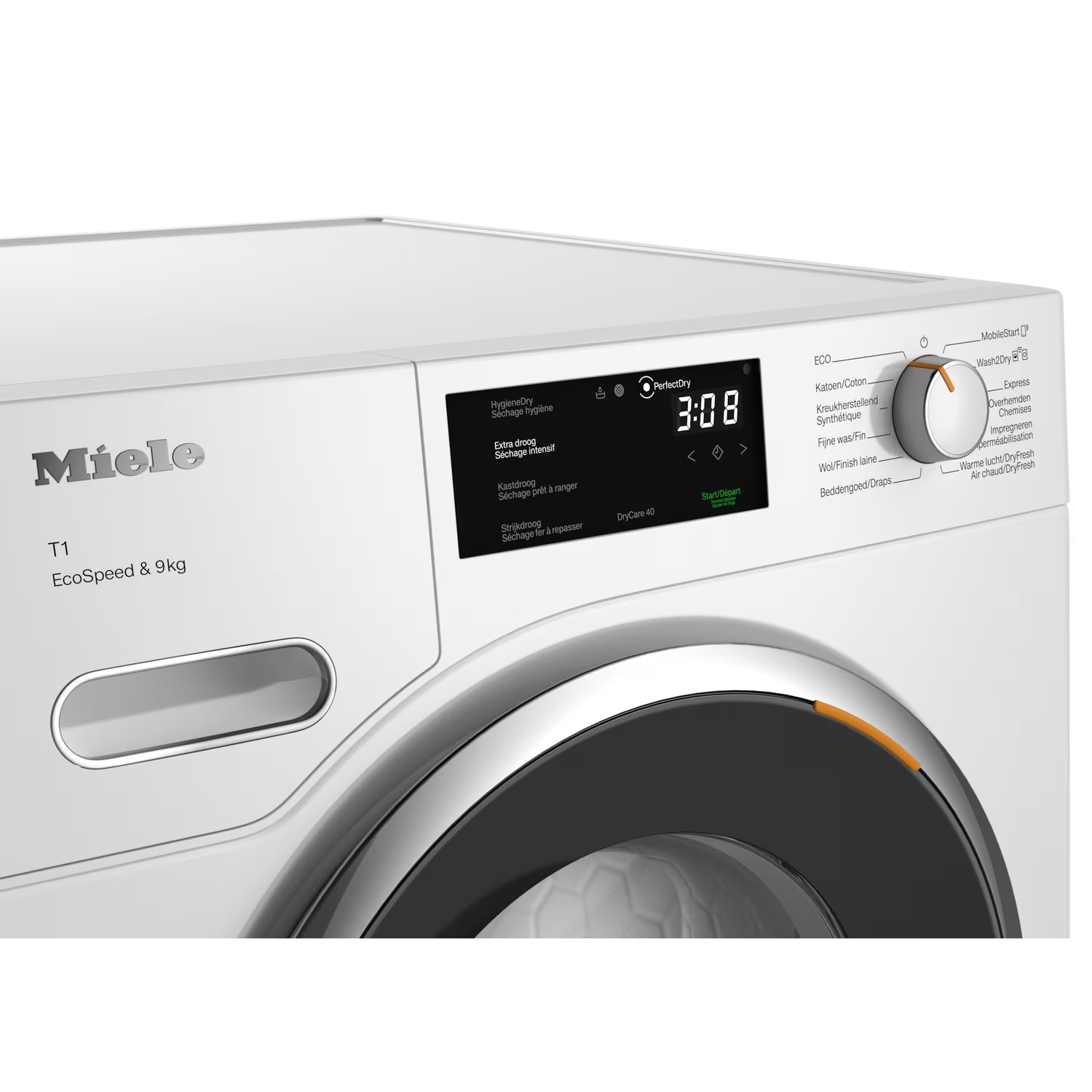 A white Miele dryer shows the time, and settings, with a dial. A digital display shows time, and options like 'Hygiene Dry'.