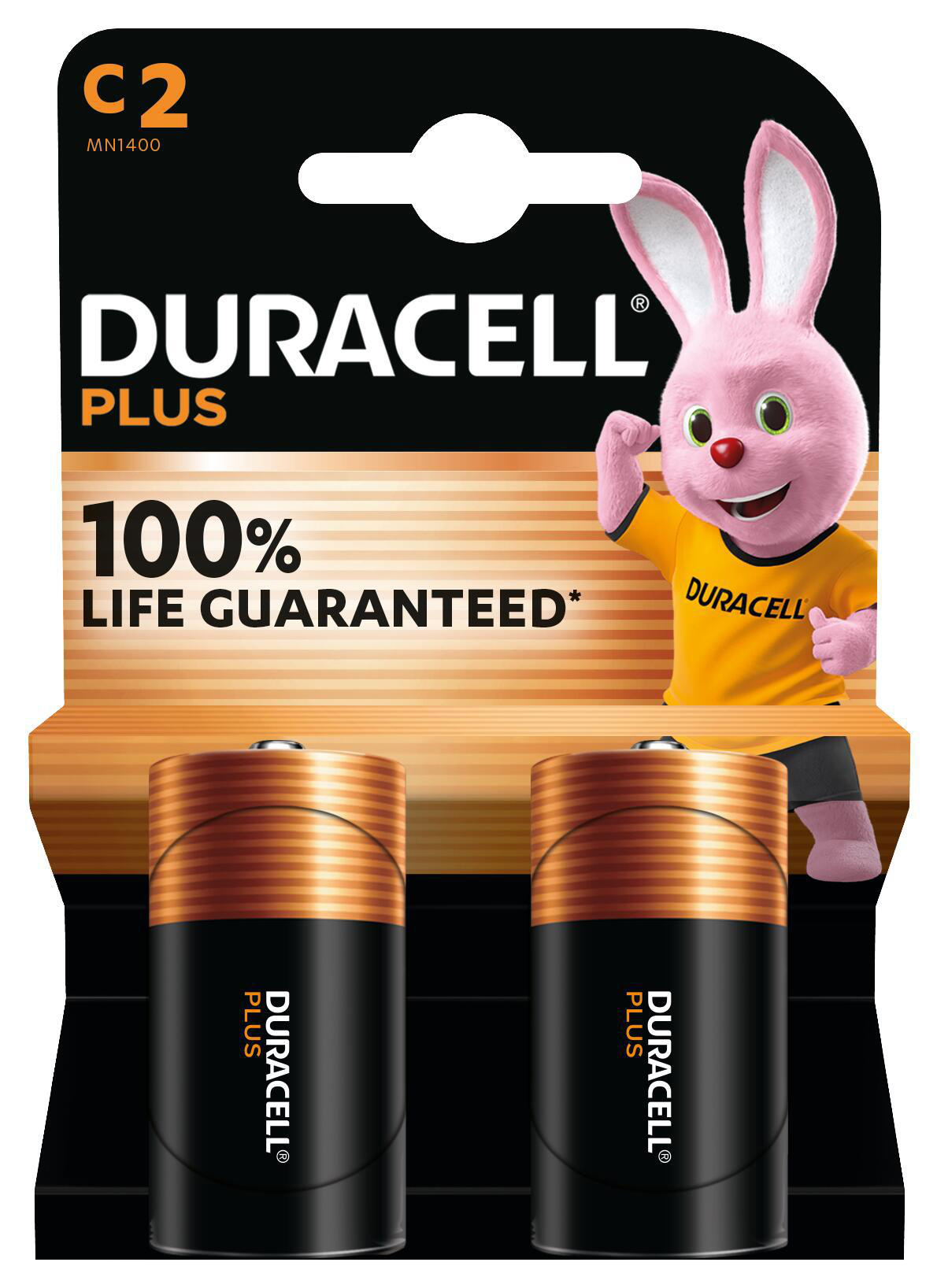 Duracell C2-Batteriepackung. Rosa Hasenmaskottchen in gelbem Hemd. 100% Lebensgarantie.