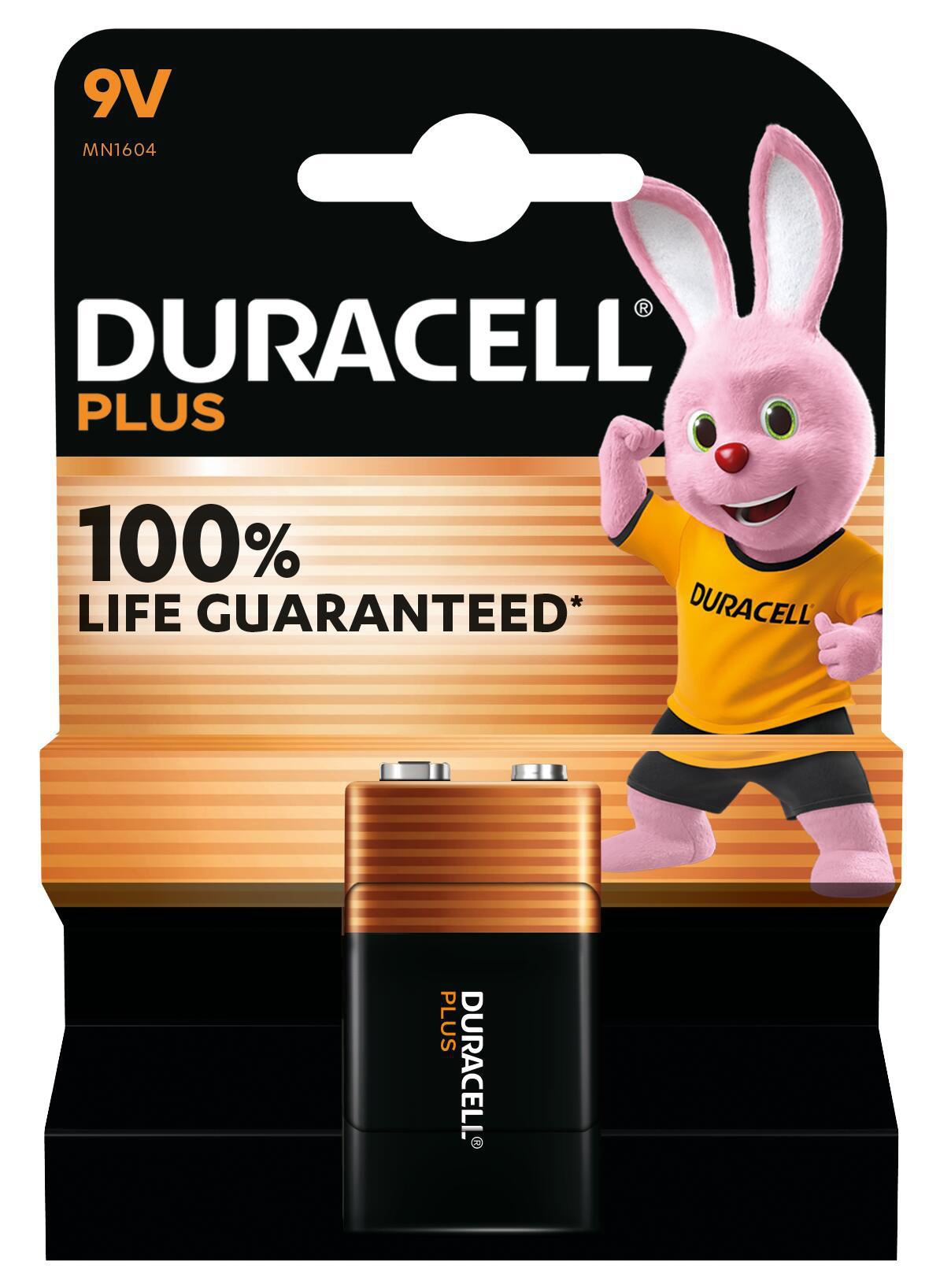 Duracell-Batterieverpackung mit einem rosa Hasen-Maskottchen, das ein gelbes Hemd und schwarze Shorts trägt. Die Batterie ist unten sichtbar.