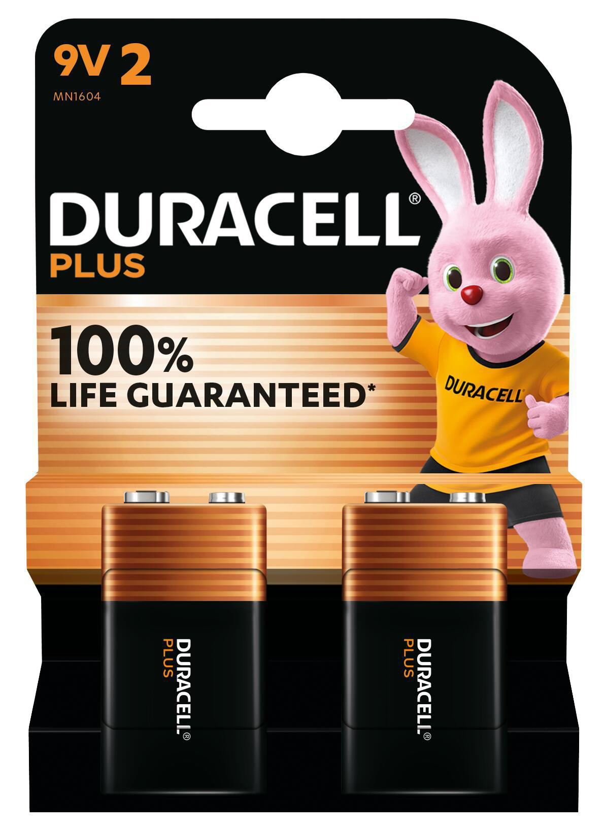 Duracell-Batteriepack mit zwei Batterien. Ein rosa Hase mit gelbem Hemd ist auf der Verpackung. Auf der Verpackung steht '100% Life Guaranteed'.