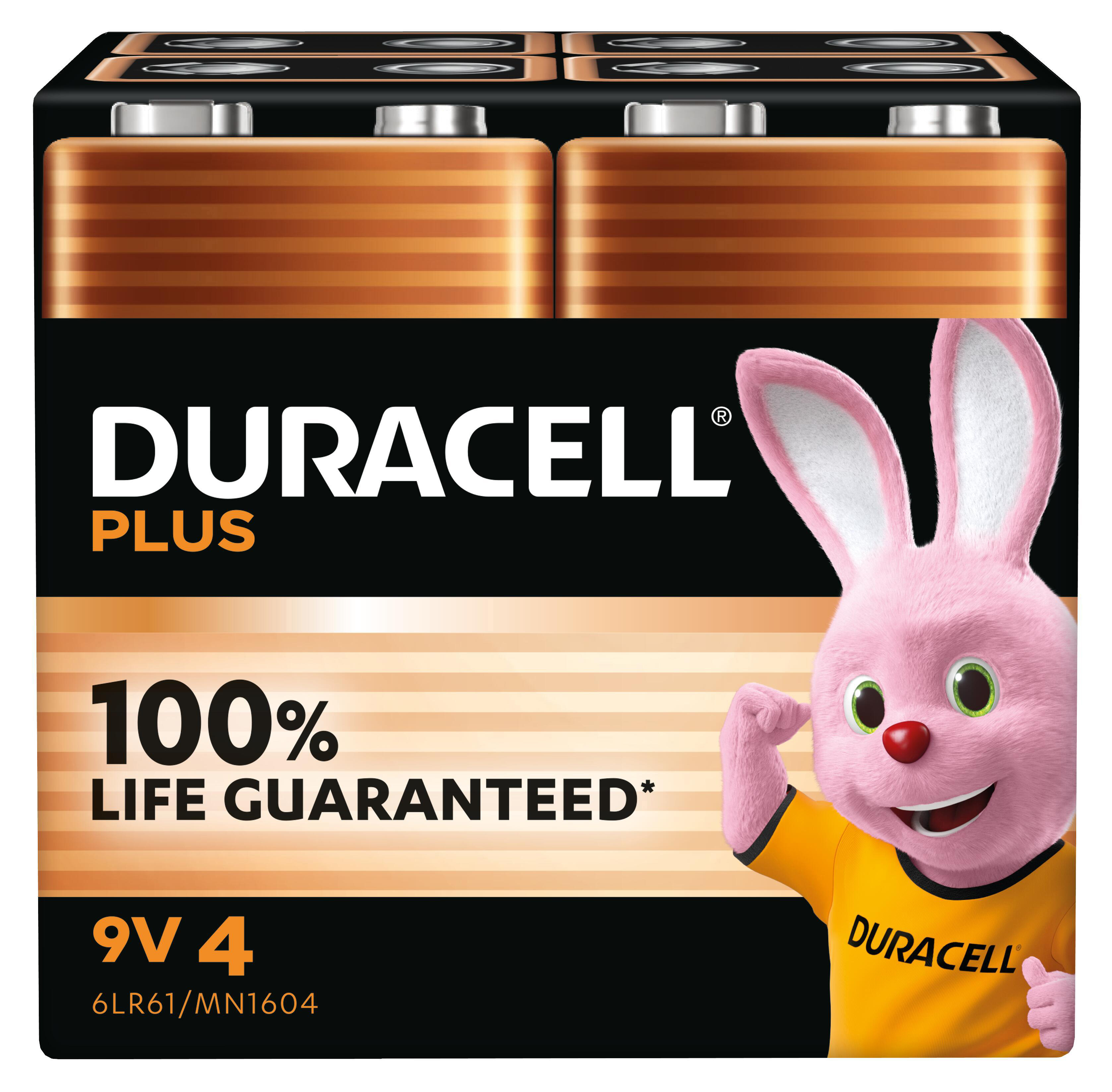 Duracell-Batterien mit einem rosa Hasen-Maskottchen. Auf der Packung steht '100% Lebensgarantie'.