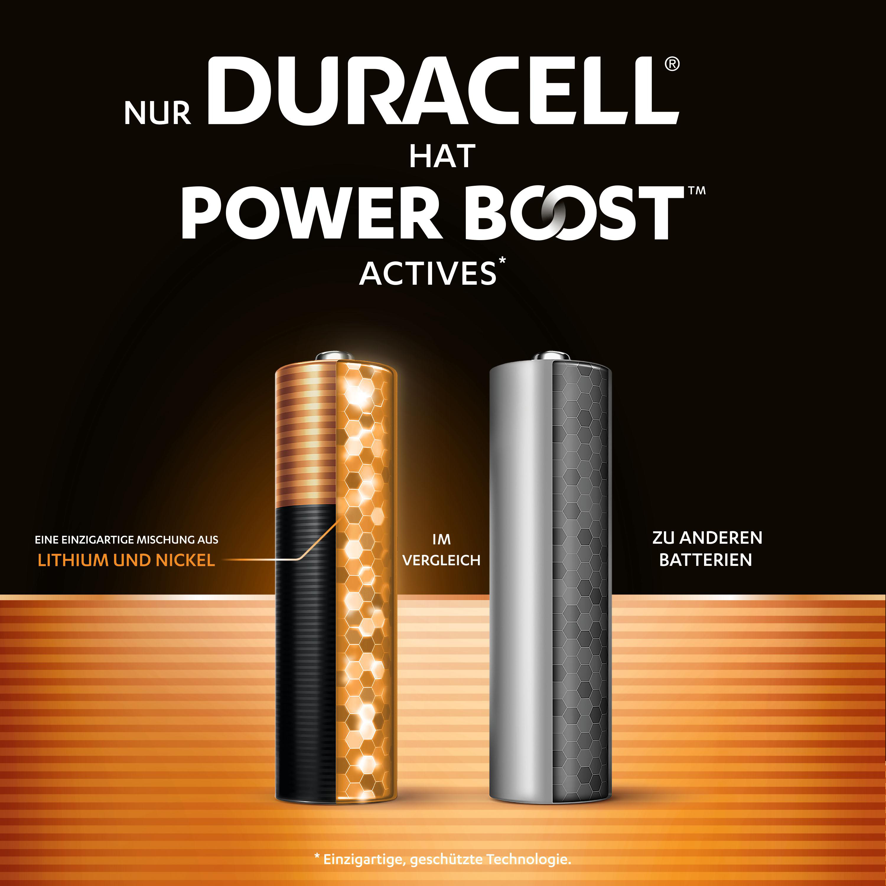Duracell-Batteriewerbung zeigt zwei Batterien. Eine goldene, eine silberne. Text: 'Power Boost Actives'.