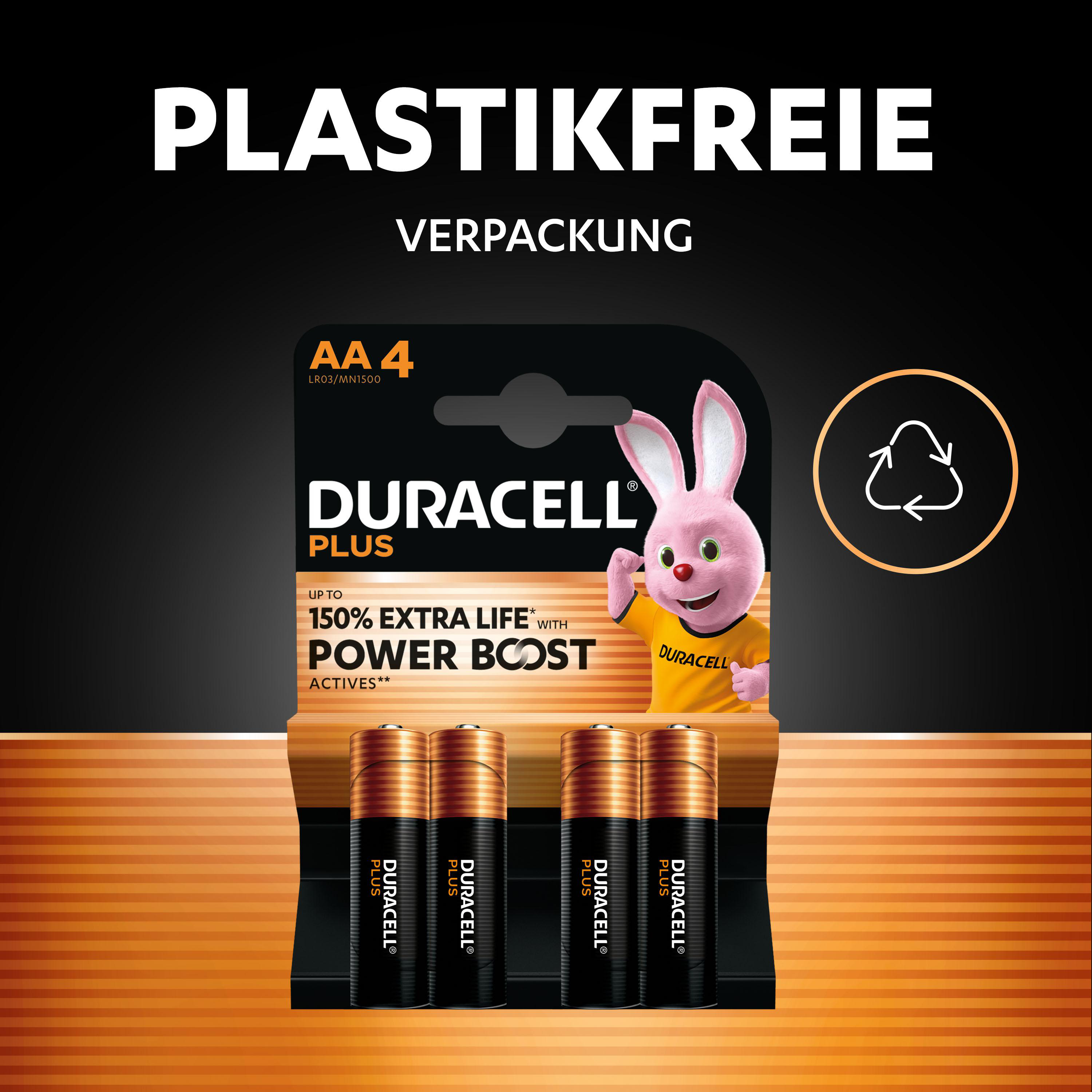 Duracell AA Batterien in Verpackung, rosa Hase Maskottchen, Text: 'PLASTIKFREIE VERPACKUNG'.