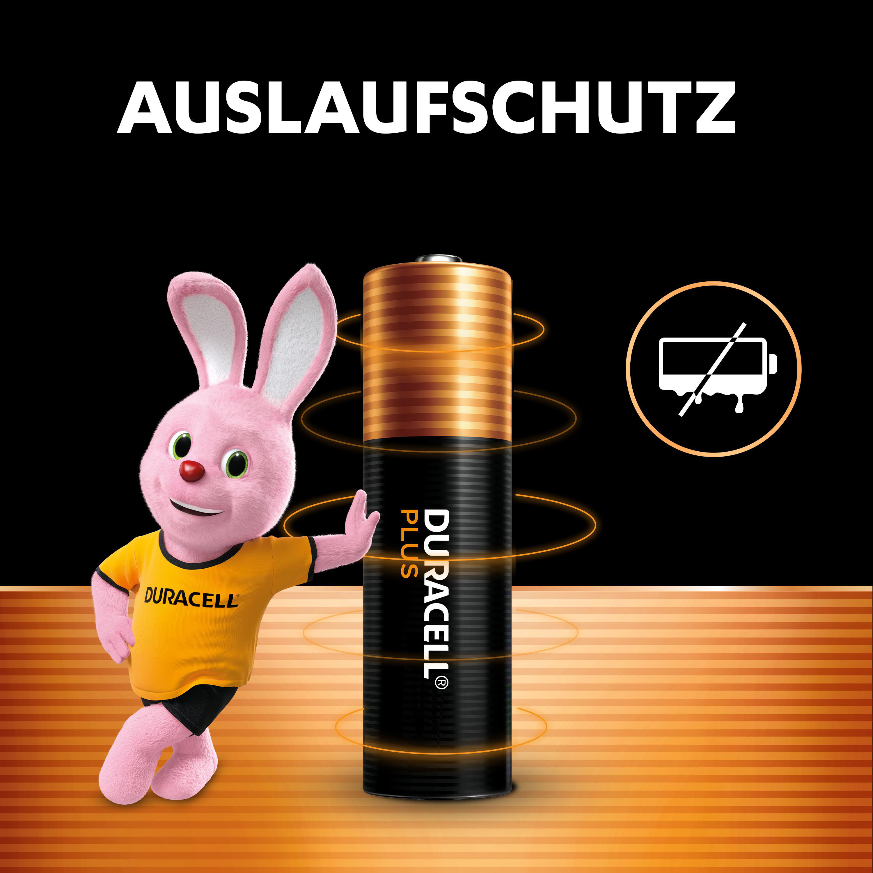 Das Bild zeigt eine Duracell-Batterie mit einem rosa Kaninchen-Maskottchen. Der Text lautet AUSLAUFSCHUTZ. Ein Batteriesymbol mit einem Leck ist abgebildet.