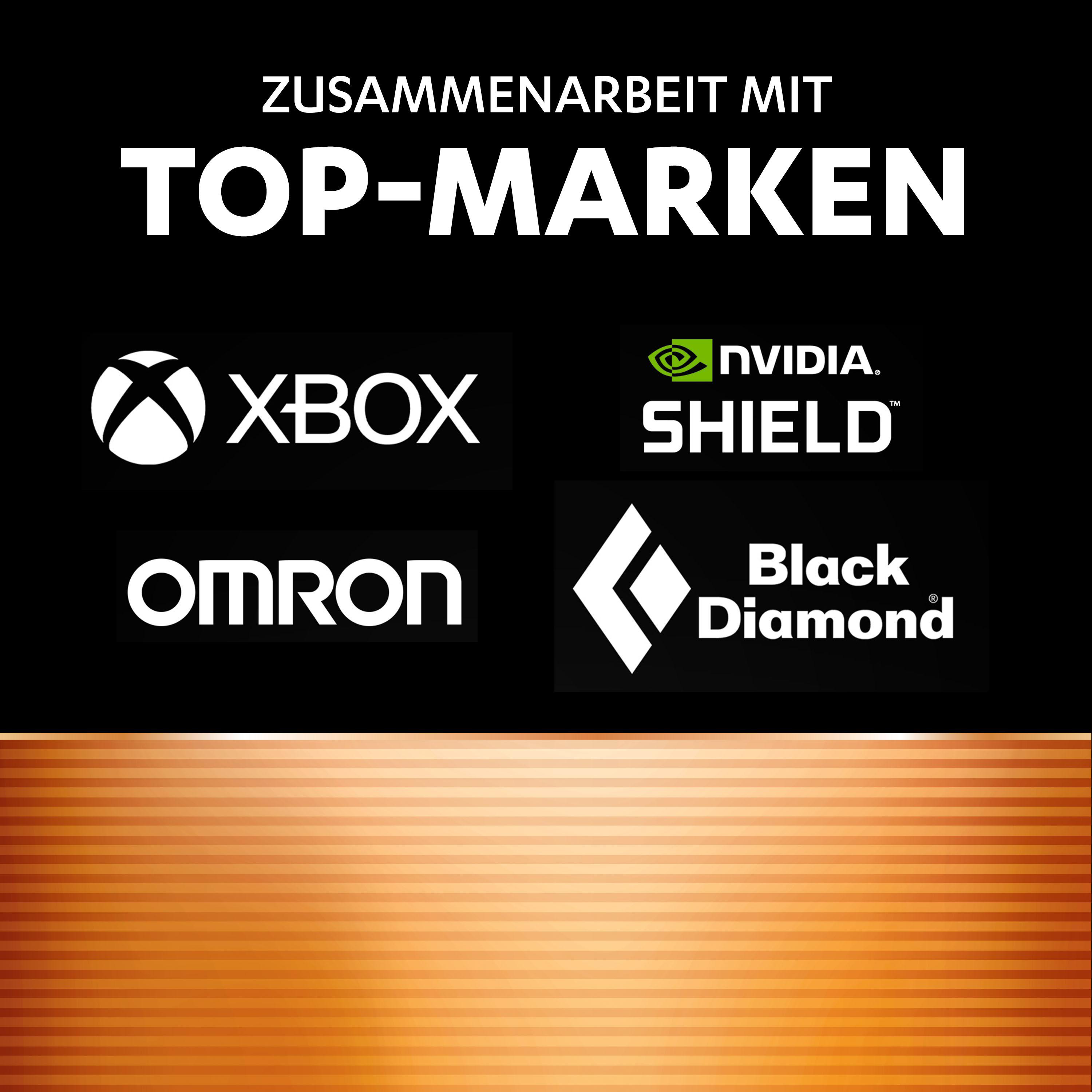 Bild mit Logos von Xbox, Nvidia Shield, Omron und Black Diamond, mit dem Text 'Zusammenarbeit mit Top-Marken'.