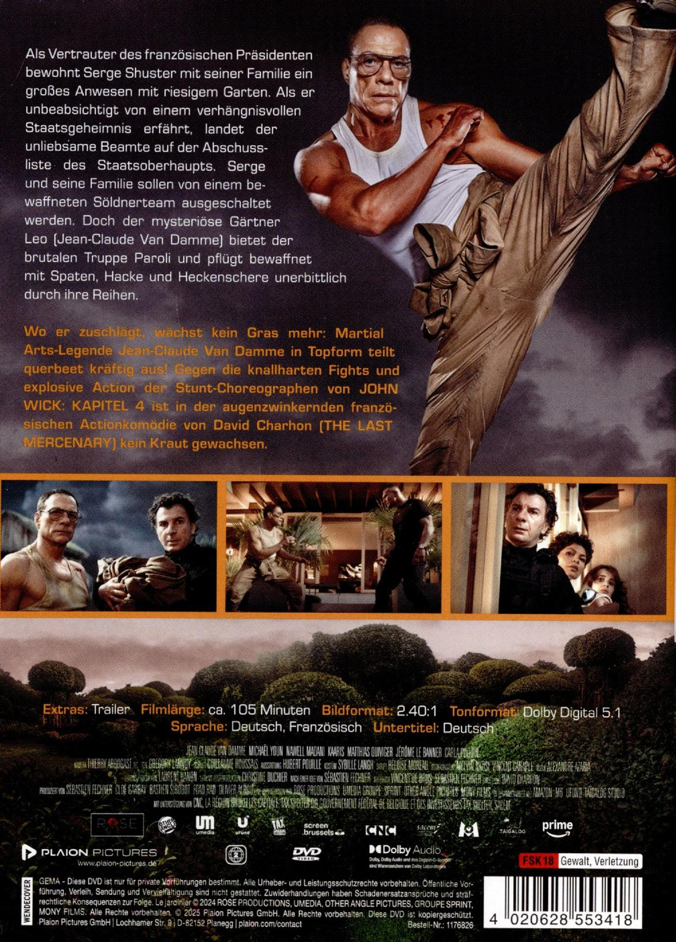 Filmposter. Jean-Claude Van Damme in Aktion, Bein ausgestreckt. Text auf Deutsch und Französisch.
