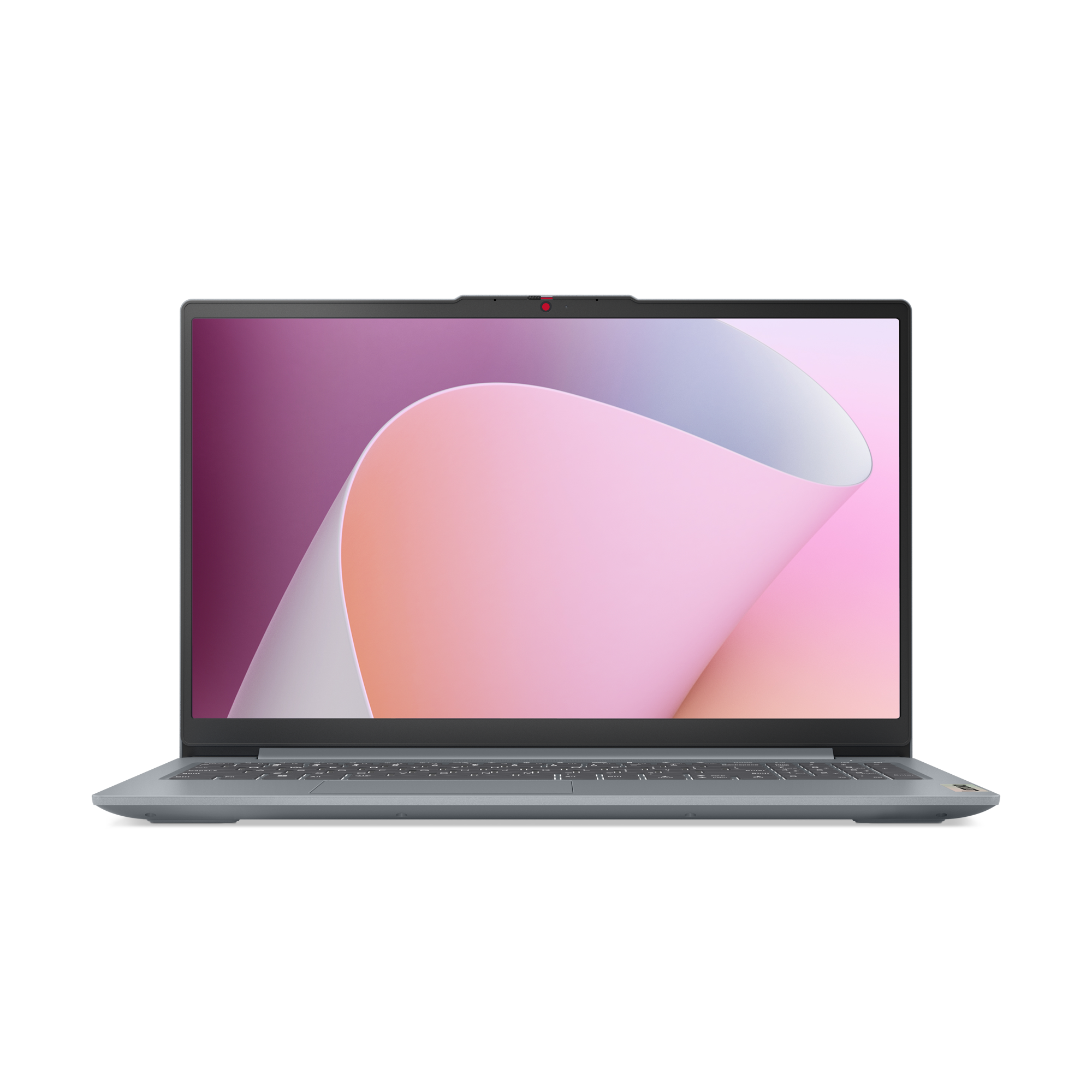 Laptop op zwarte achtergrond. Scherm toont roze en wit abstract ontwerp. Toetsenbord en webcam zijn zichtbaar.