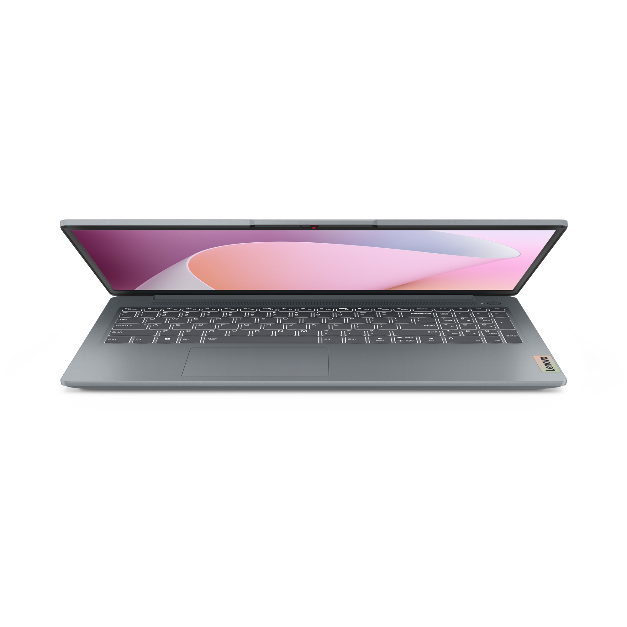 Een open grijze laptop met een roze en wit scherm op een zwarte achtergrond. Het Lenovo-logo staat rechtsonder.