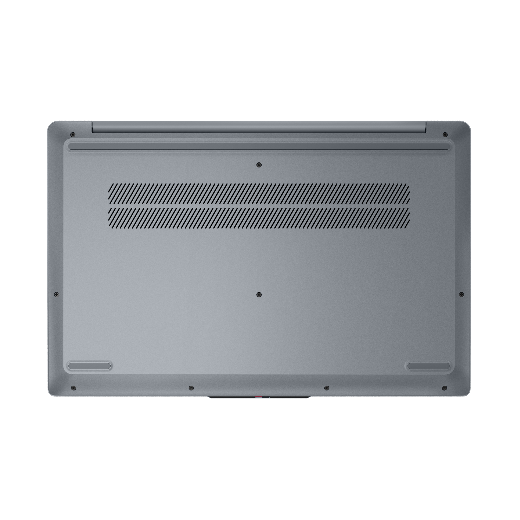 Onderkant van een grijze laptop. Voorzien van ventilatieopeningen, schroeven en rubberen voetjes. Zwarte achtergrond.