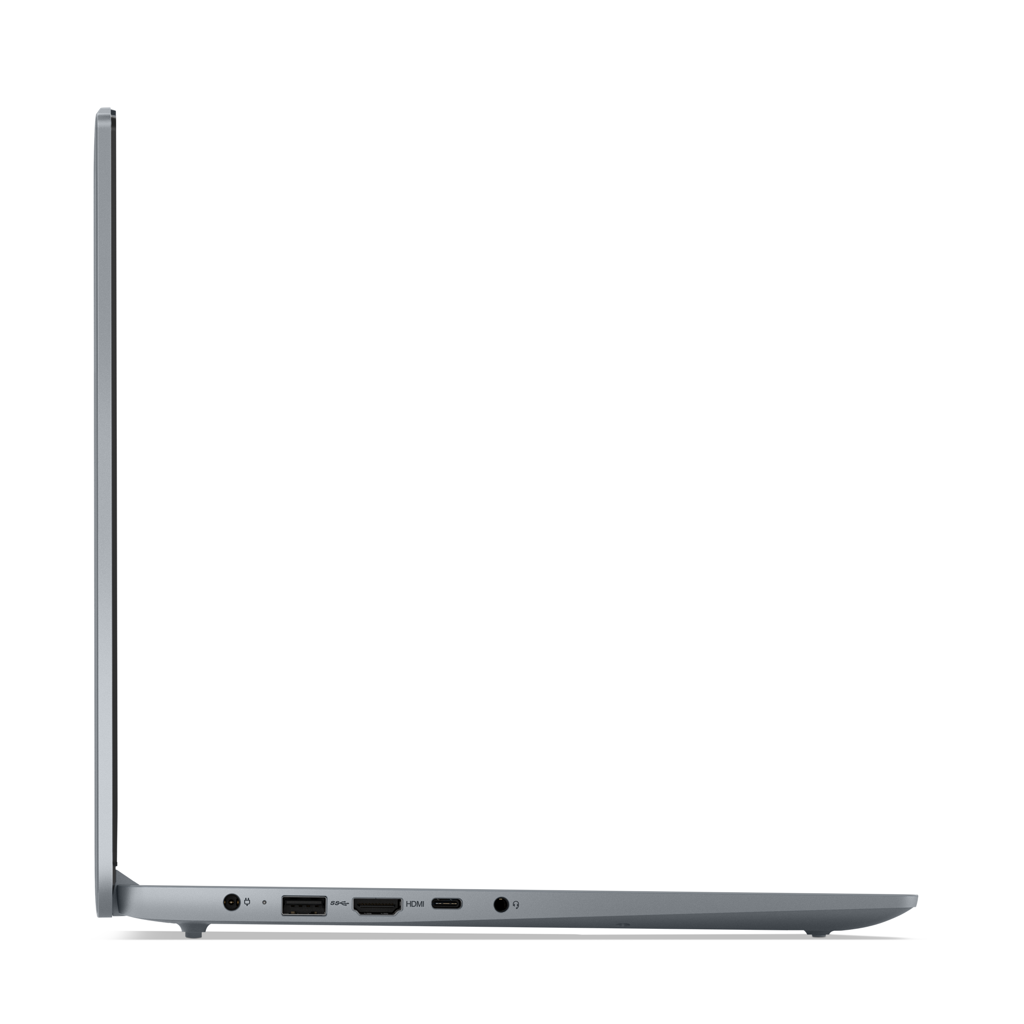Zijaanzicht van een zilveren laptop tegen een zwarte achtergrond. De laptop is open. Poorten zijn zichtbaar.
