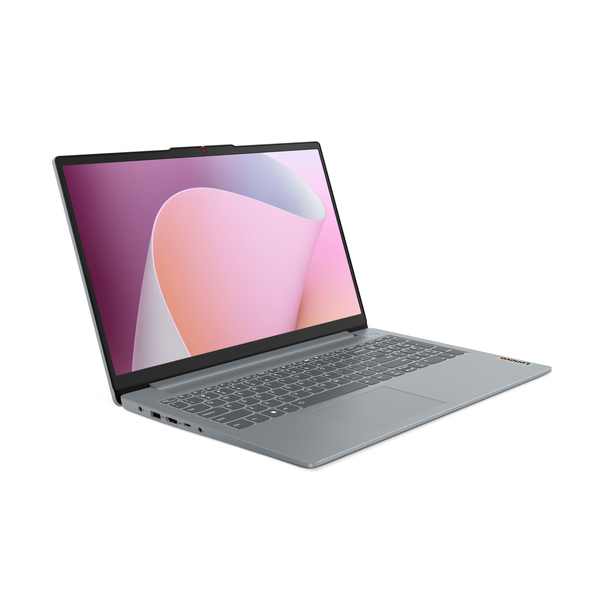 Laptop op zwarte achtergrond. Het scherm toont abstracte roze en witte vormen. Toetsenbord zichtbaar. Lenovo-logo.