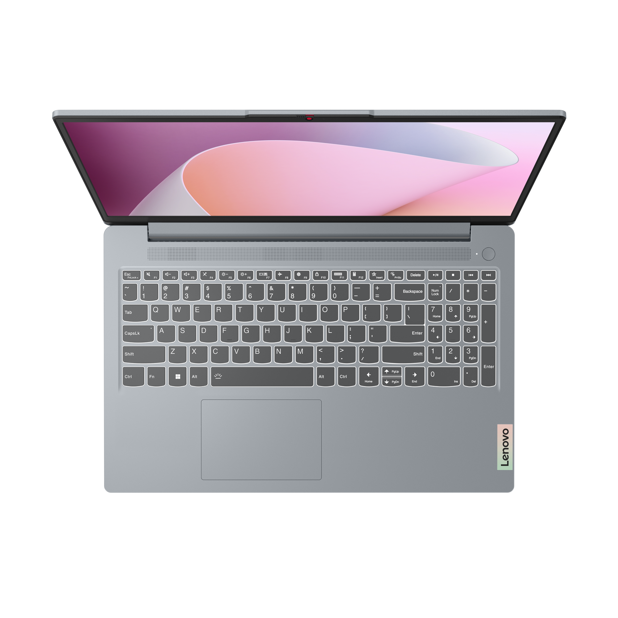 Laptop open, met roze en wit scherm. Toetsenbord zichtbaar, met Lenovo-logo.