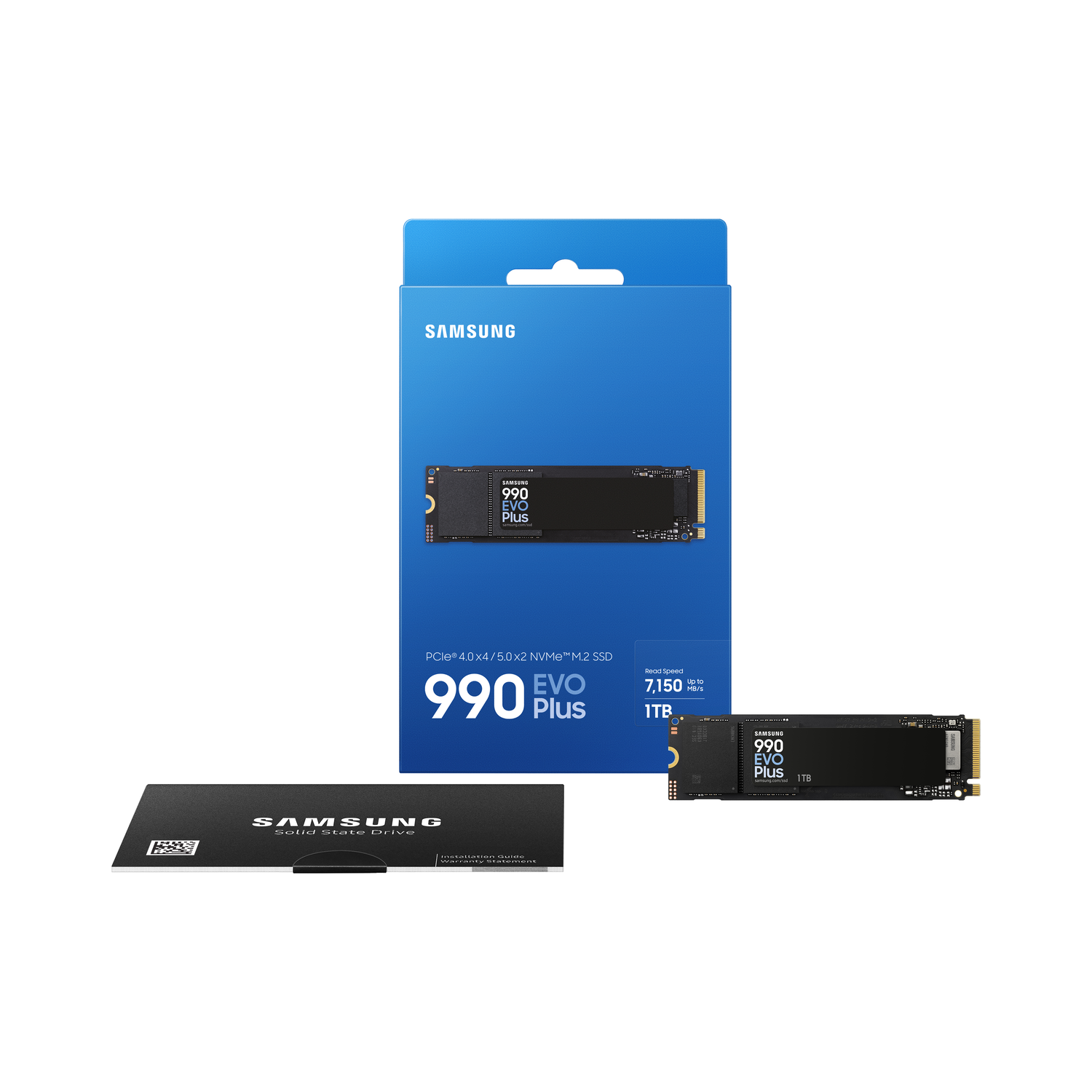 Samsung 990 EVO Plus SSD-pakket. Bevat de SSD, doos en installatiegids. De SSD is zwart met witte tekst.