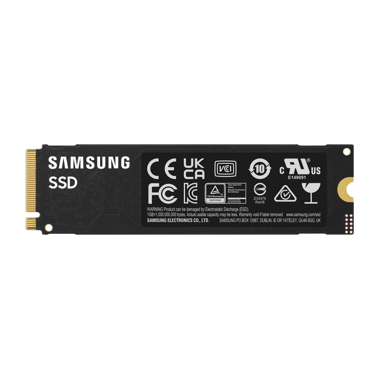 A black Samsung SSD with gold connectors. Logos for CE, FCC, and RoHS are visible. Text includes 'SSD' and 'SAMSUNG'.