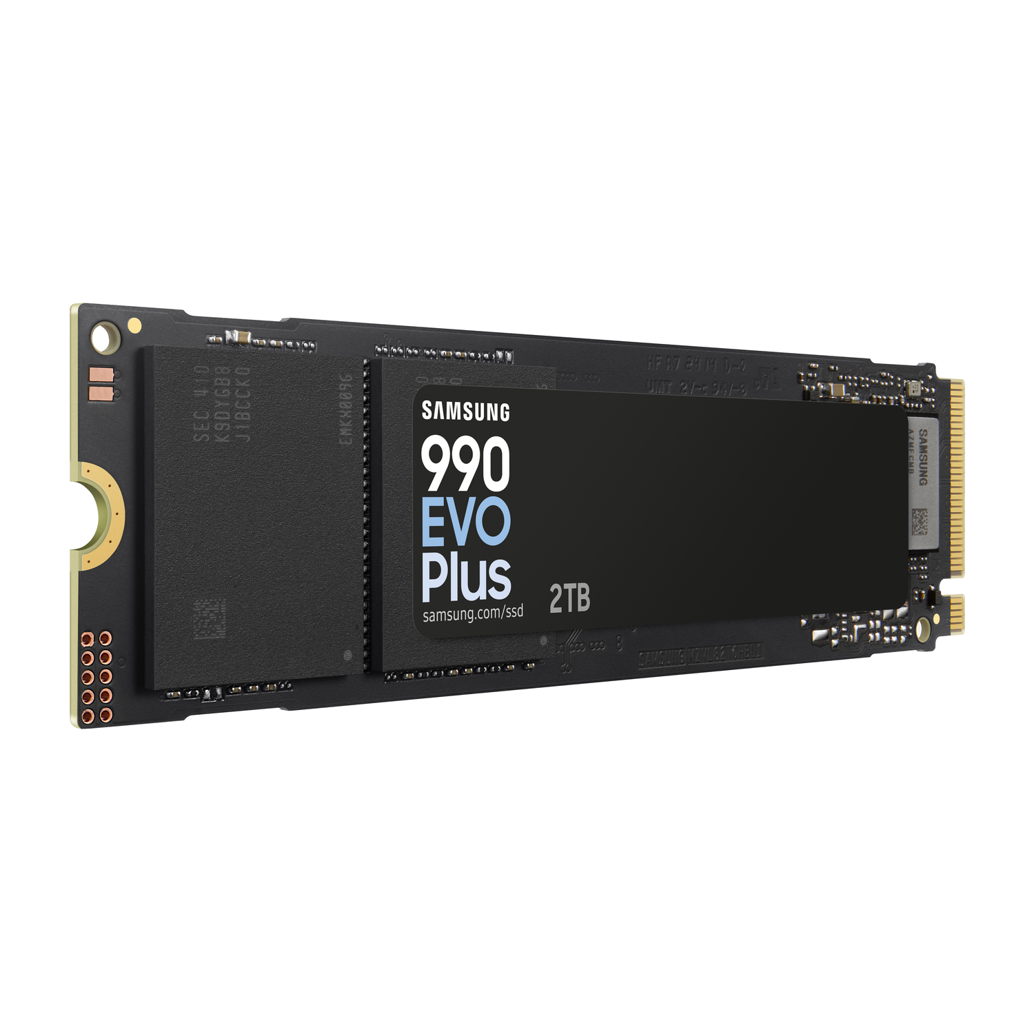 A black and gold Samsung 990 EVO Plus 2TB SSD on a white background, with text and branding visible.
