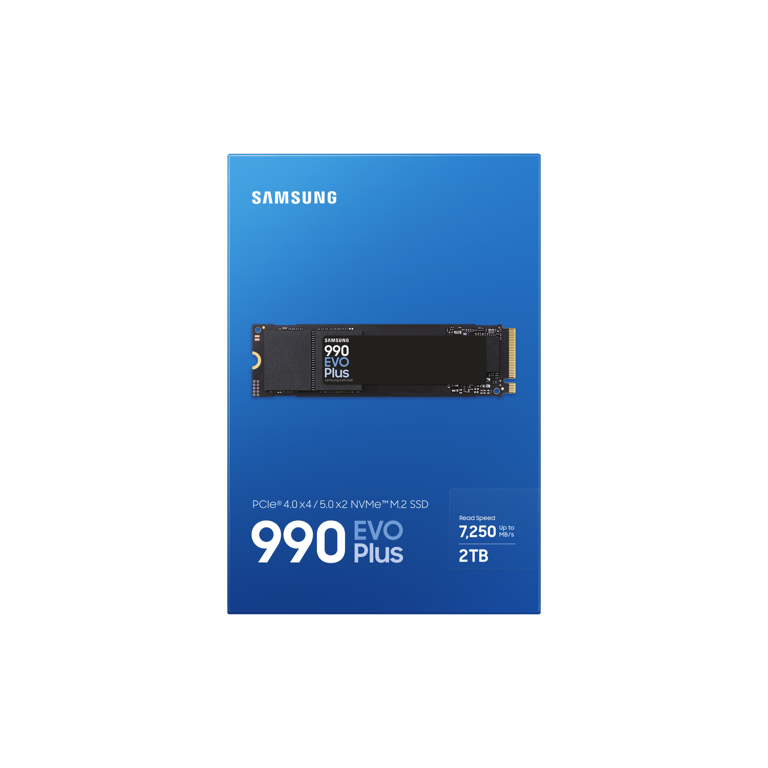 Samsung 990 EVO Plus SSD on blue background. Specs include PCIe 4.0, 7,250 MB/s read speed and 2TB capacity.