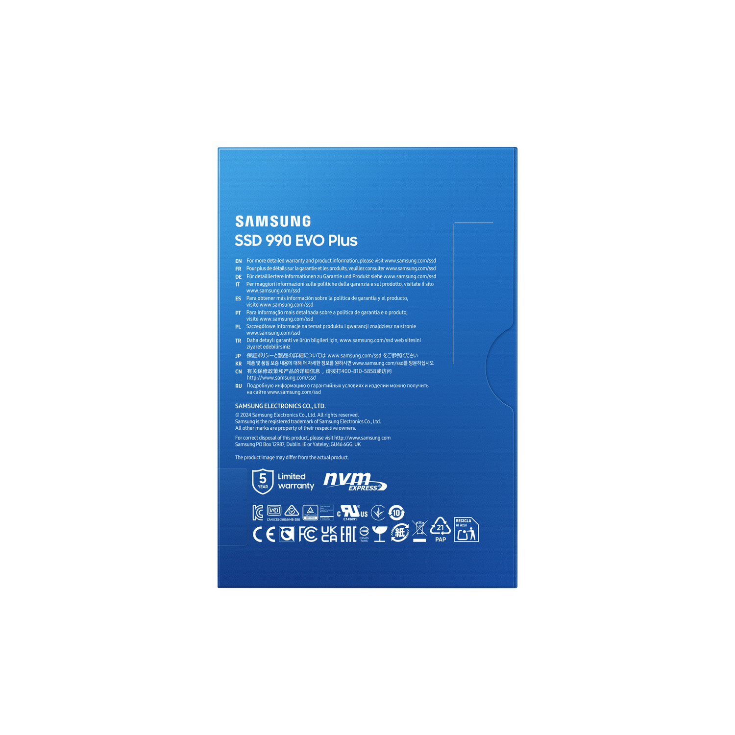 A blue Samsung SSD 990 EVO Plus box with warranty information and logos is displayed.