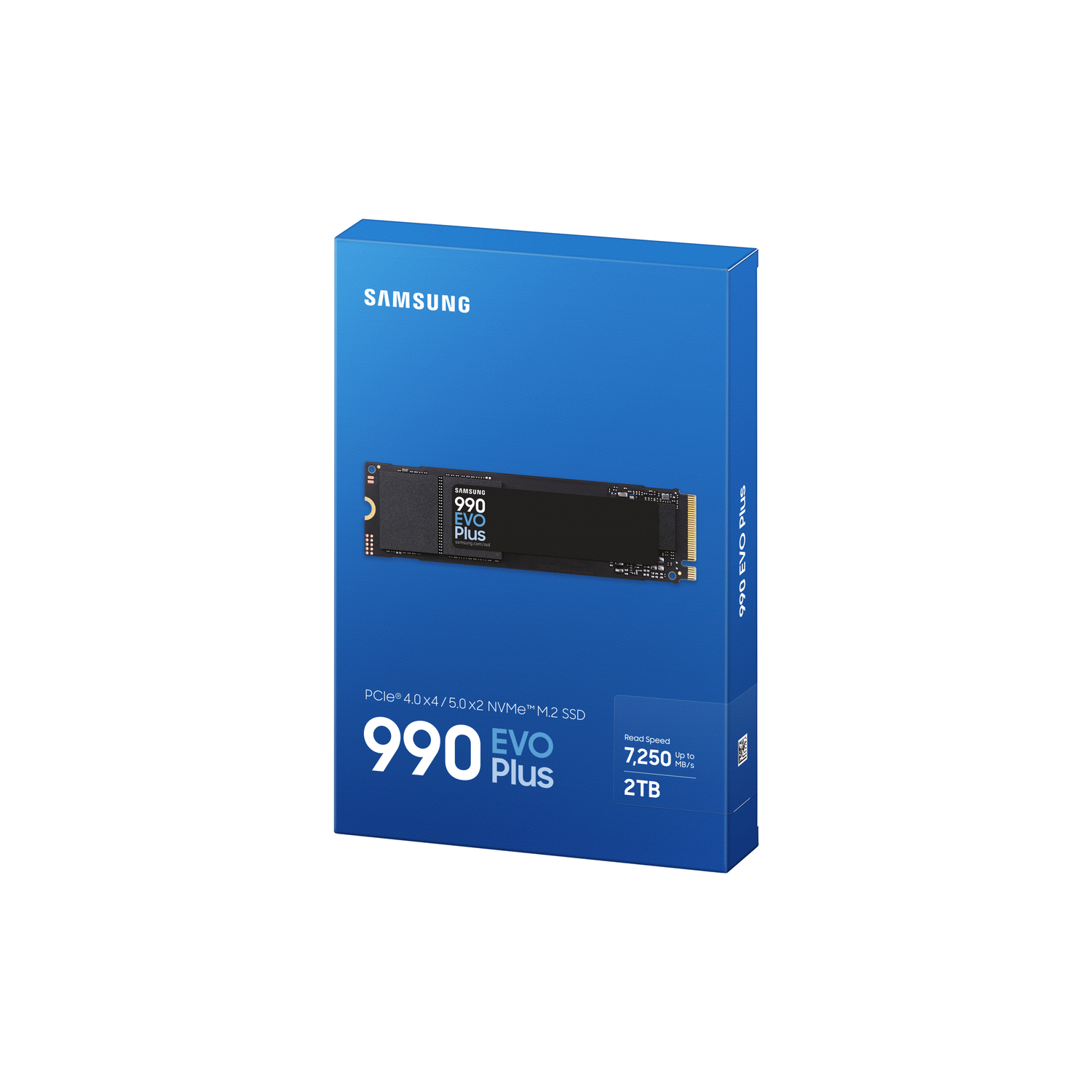 A blue box with a Samsung 990 EVO Plus SSD. The box has text, including the brand, model, and read speed.