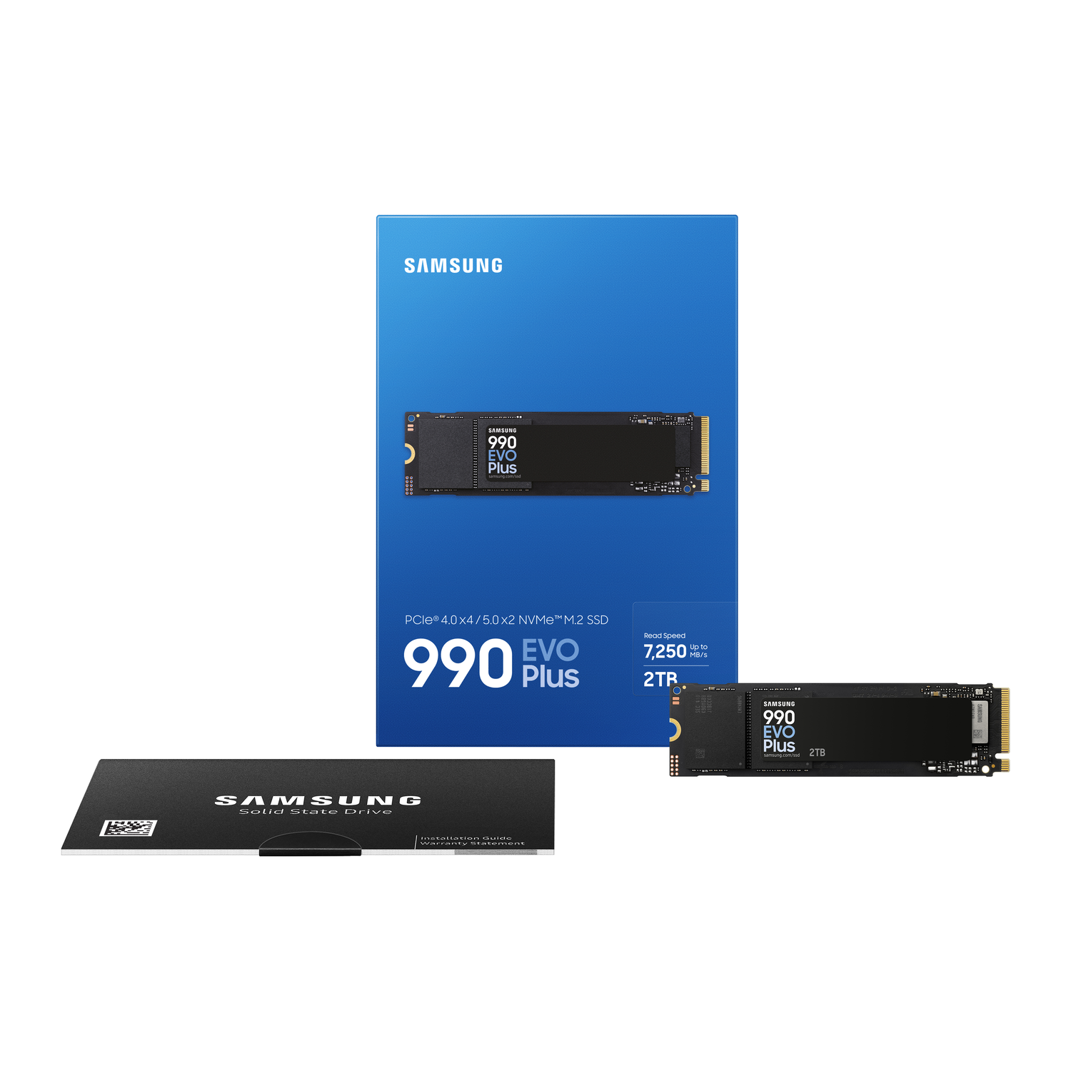 Samsung 990 EVO Plus SSD. Package, product, and an opened SSD are shown. The packaging is blue with white text.