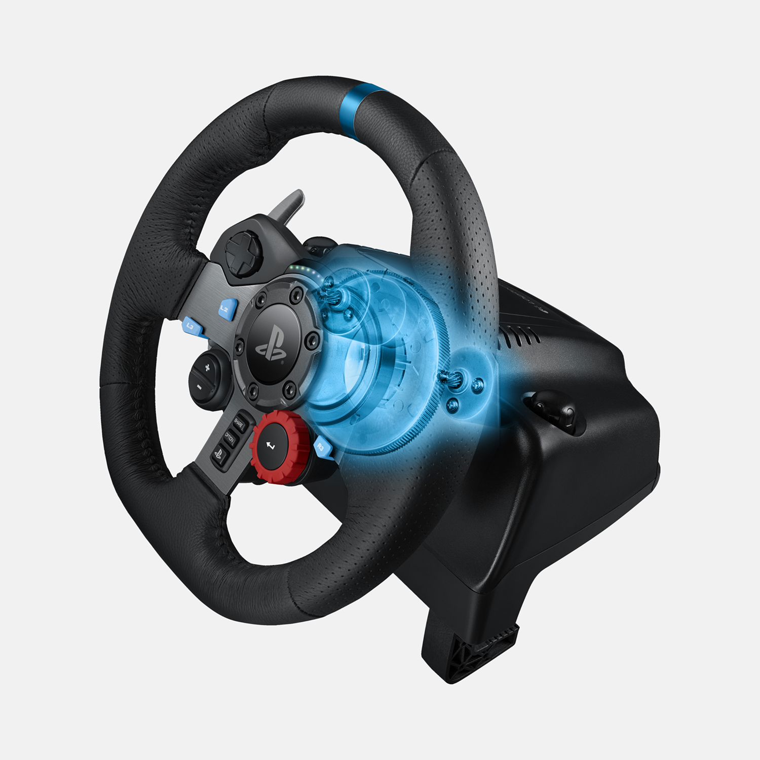 Un volante de carreras negro y azul. Hay botones visibles y un logotipo de PlayStation en el volante. El volante está sobre un fondo blanco.