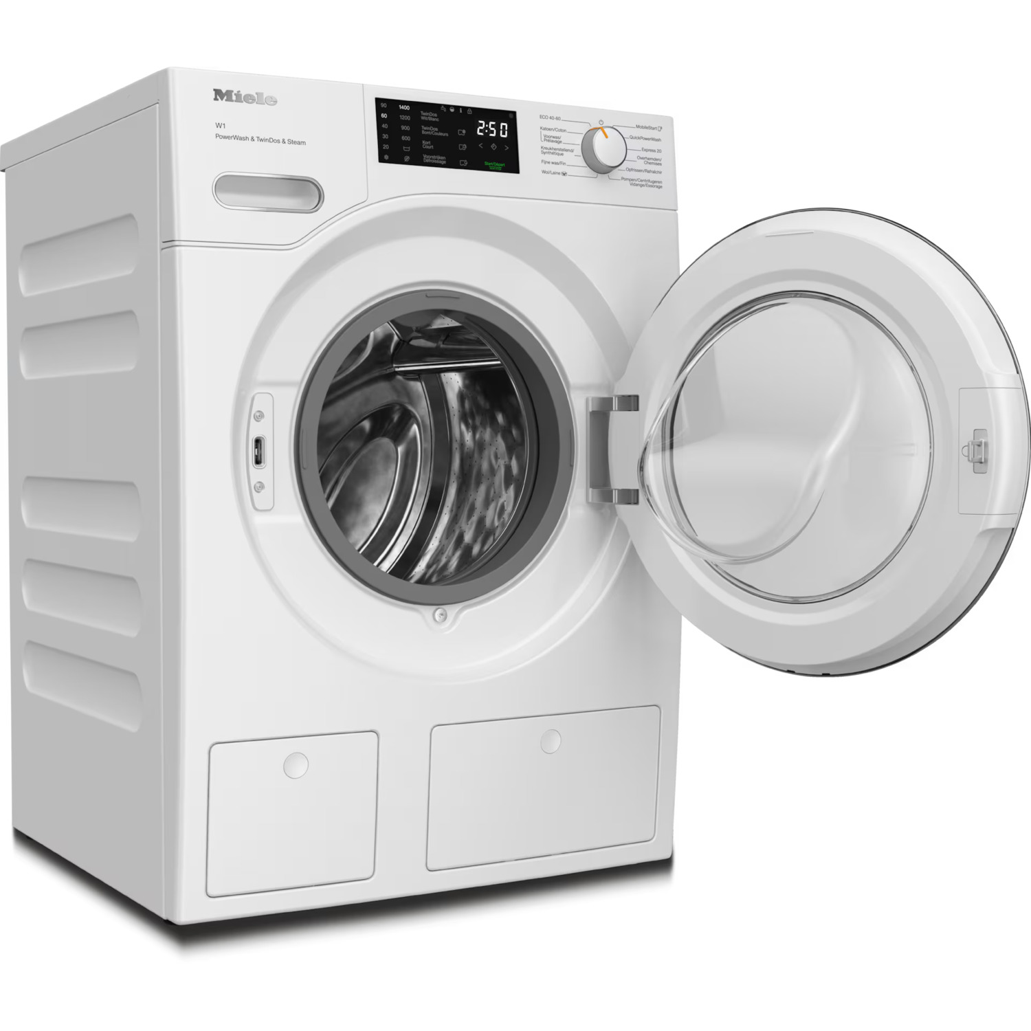Een witte Miele wasmachine met de deur open. Het heeft een digitaal display en diverse knoppen.