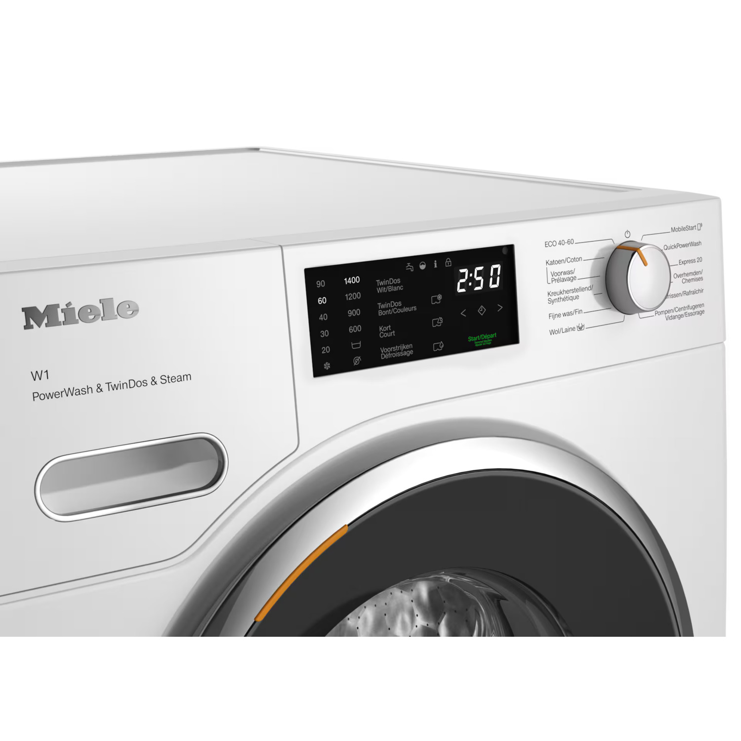 Een witte Miele wasmachine, met een digitaal display met 2:50. Het heeft een bedieningsknop en diverse programma-opties.