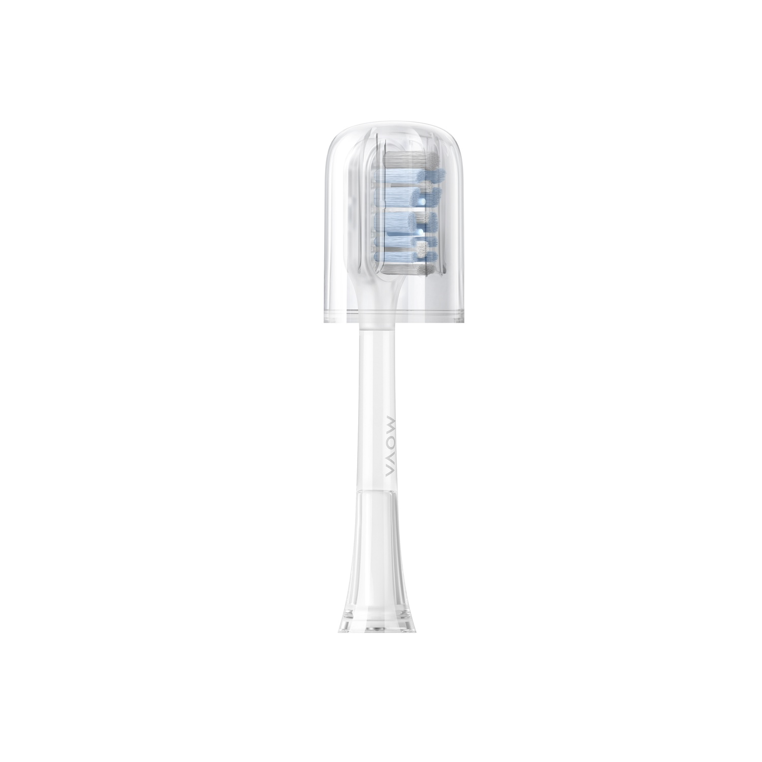 Een witte MOVA tandenborstelkop met een doorzichtige plastic hoes. De borstelharen zijn blauw en wit. De steel is wit.