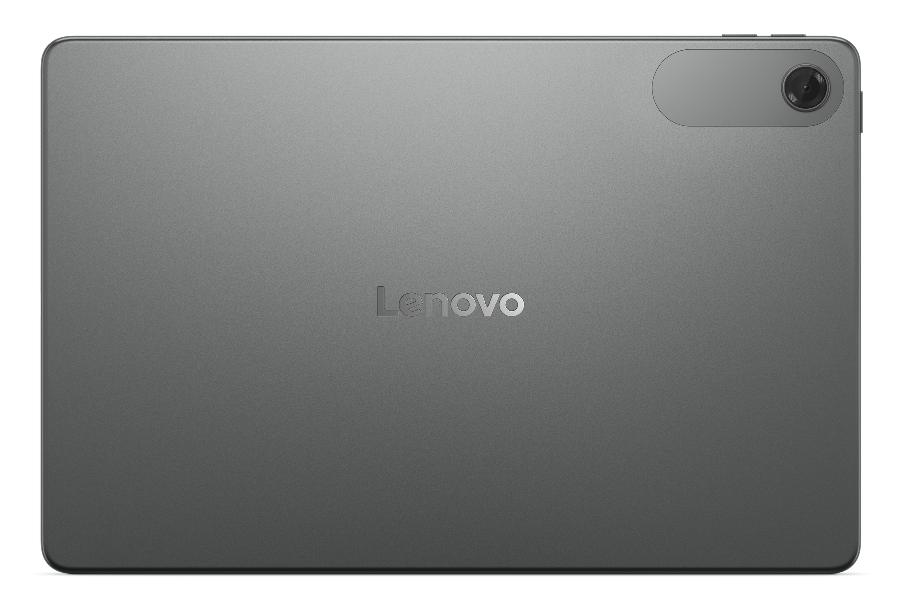 Szary tył tabletu Lenovo. Aparat po prawej u góry. Logo Lenovo po środku. Czarne tło.