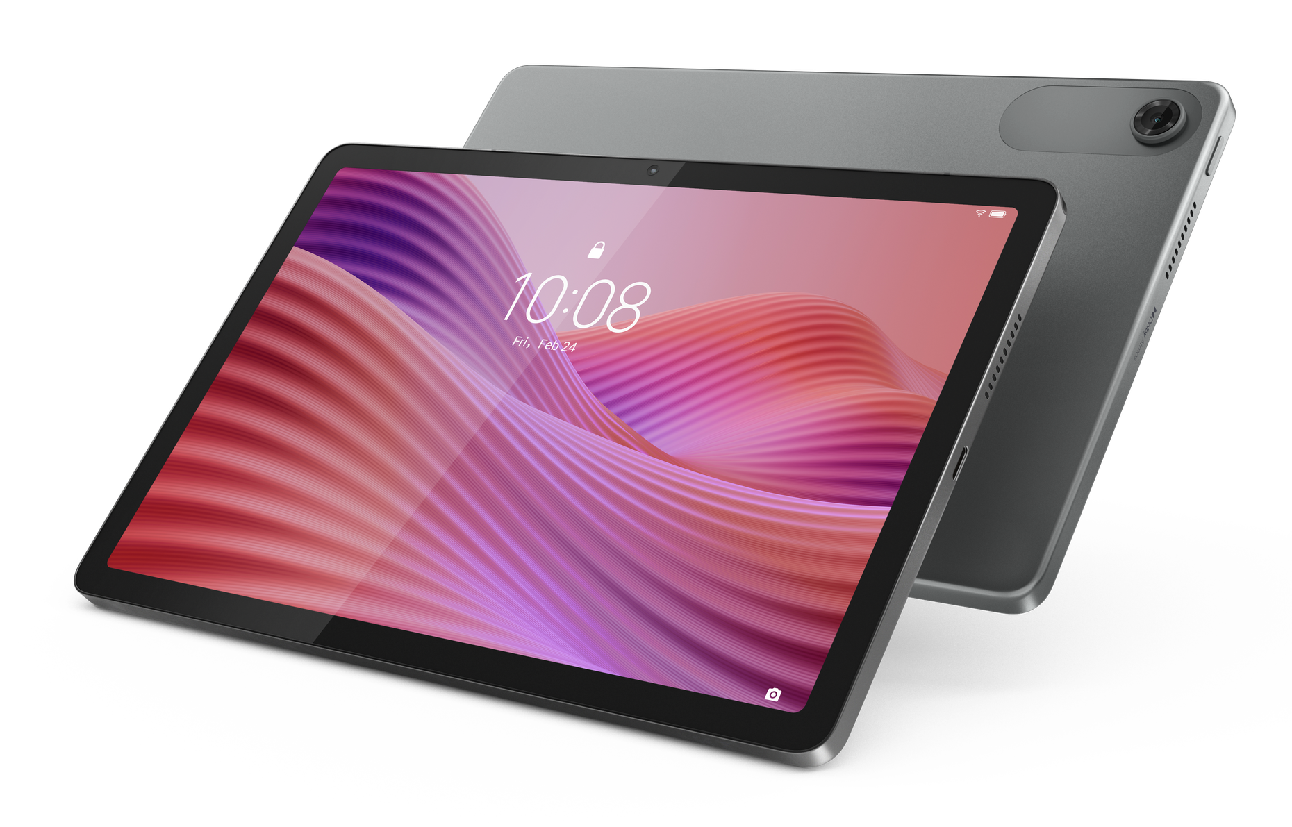 Dwa szare tablety z czarnymi obramowaniami na czarnym tle. Jeden pokazuje ekran blokady z godziną i datą, drugi jest z tyłu.