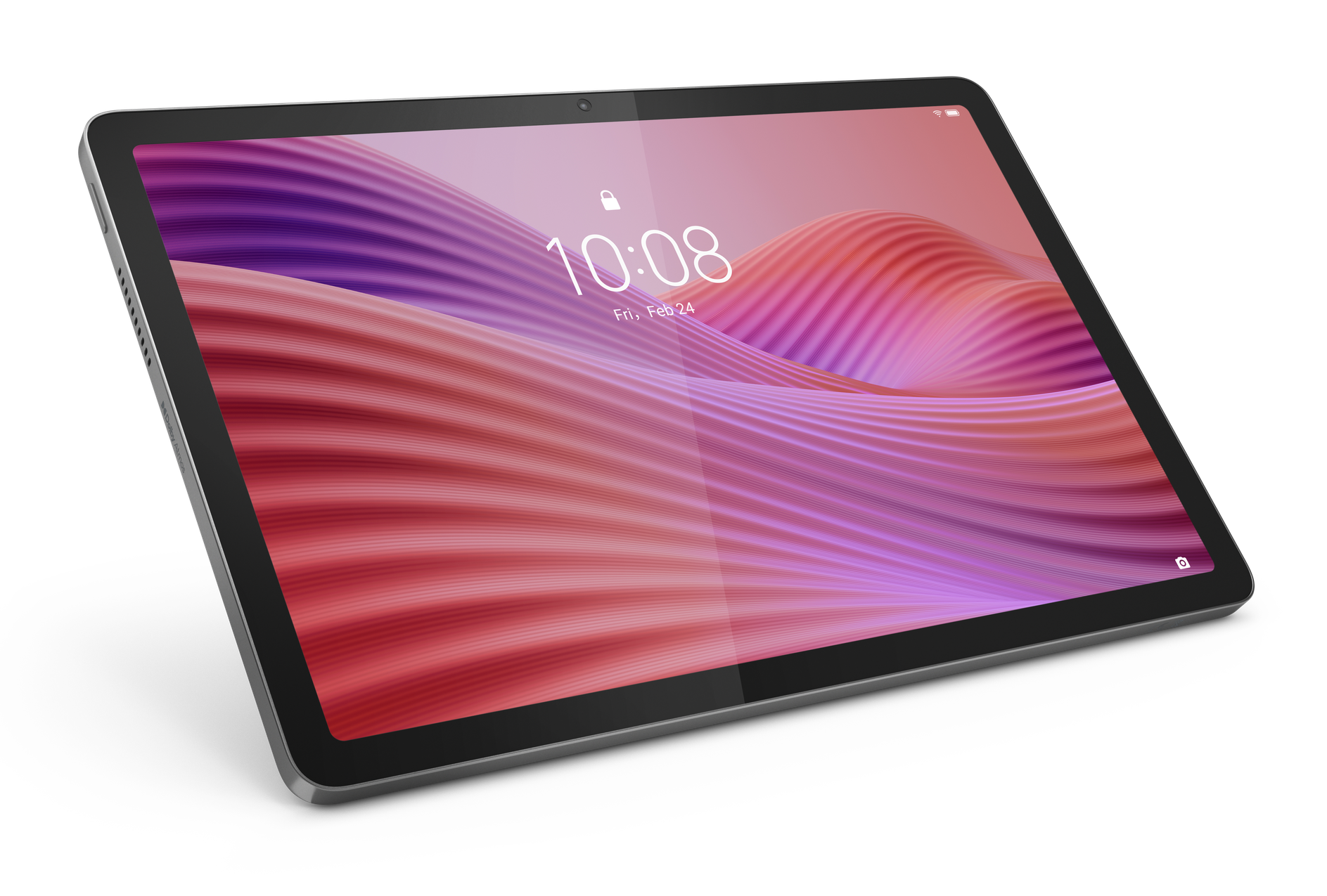 Tablet z czarną ramką, wyświetlający falisty wzór w kolorze różowym i fioletowym. Godzina 10:08, 24 lutego.