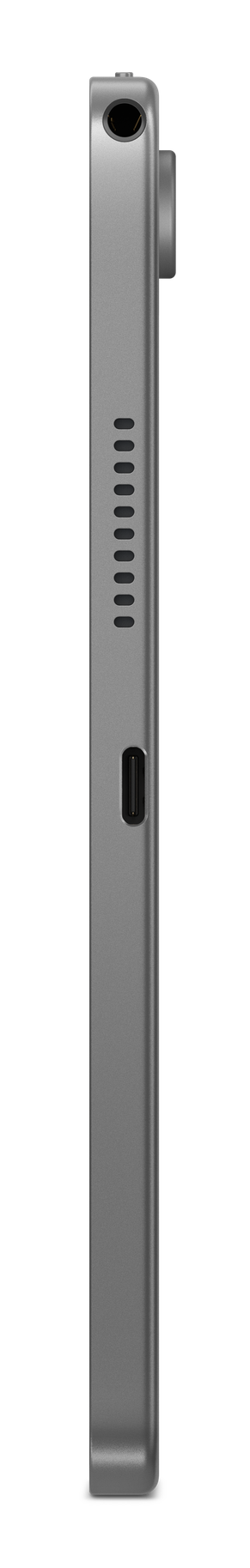 Srebrne prostokątne urządzenie. Ma przycisk, kratkę głośnika i obiektyw. Czarne tło.